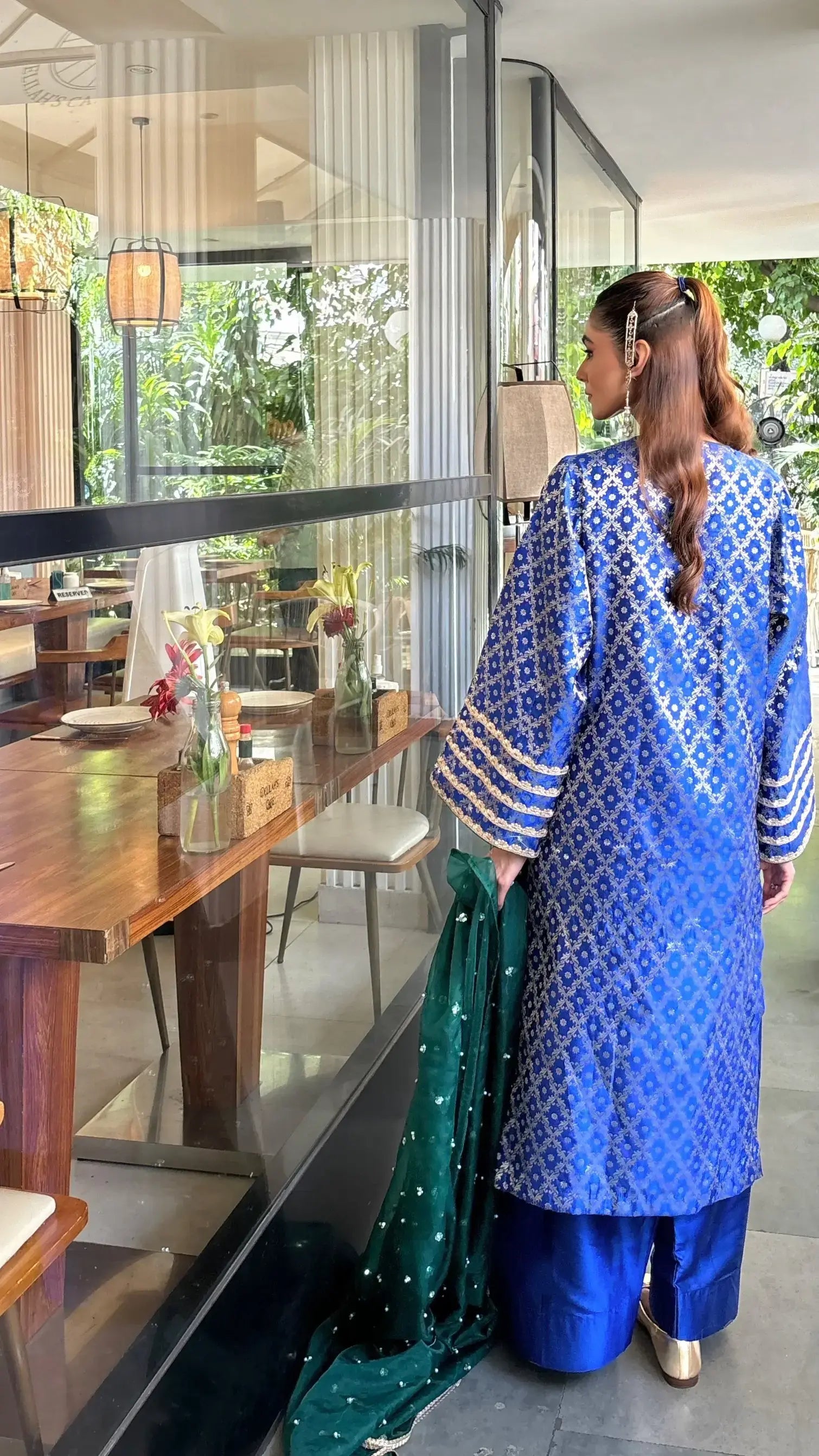 Pyoor’s Blue Brocade Wedding Suit featuring lace-detailed sleeves and silk salwar.