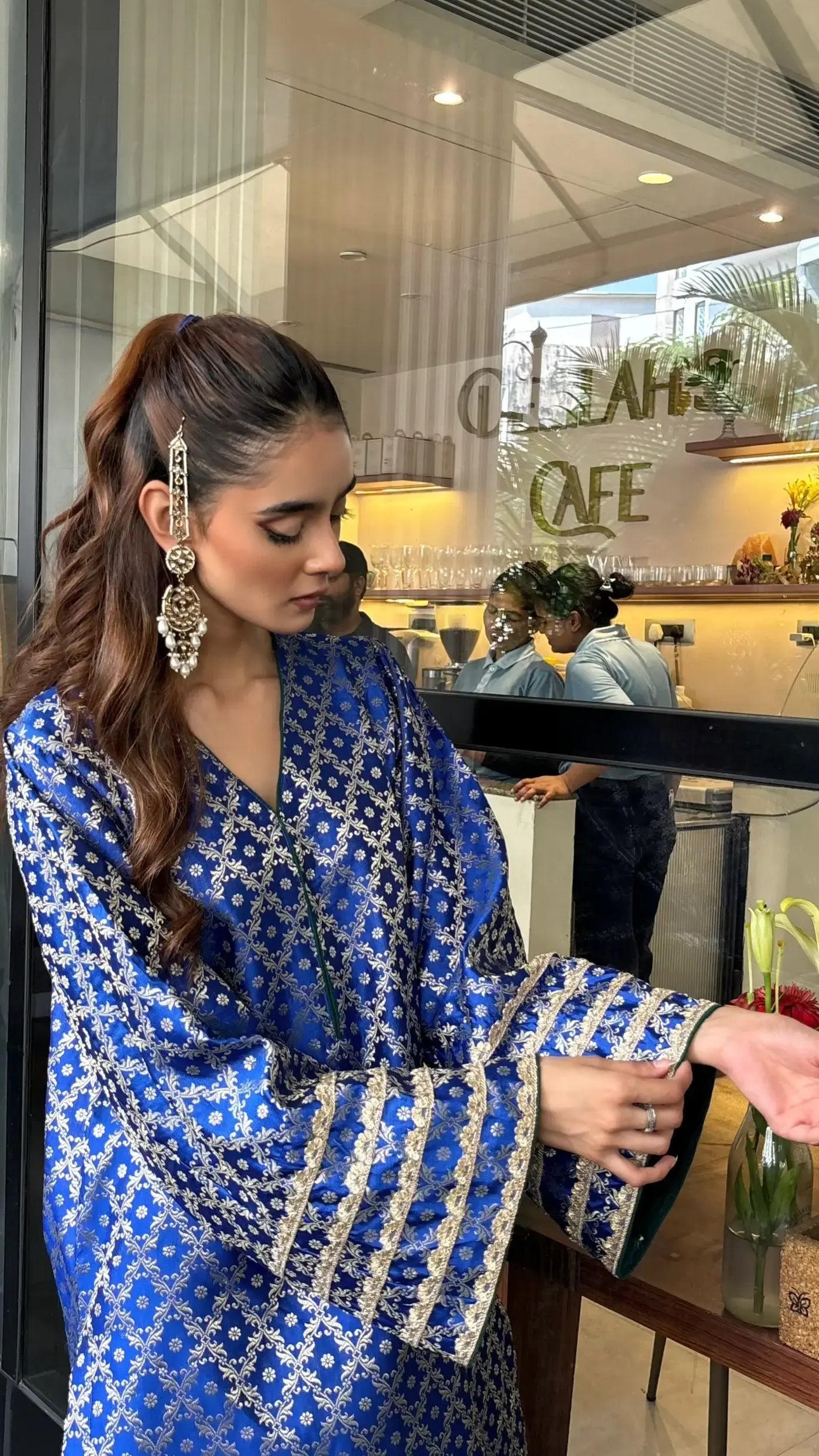 Elegant Blue Brocade Wedding Suit from Pyoor with sequins and pearl embroidered dupatta.