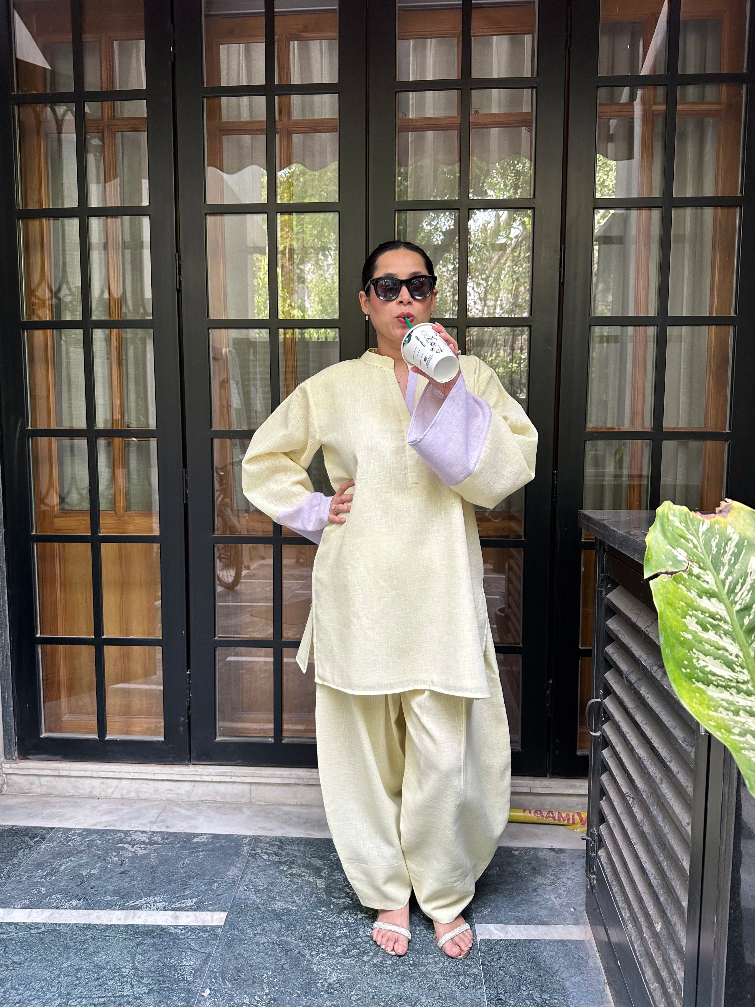 Candy Balloon Salwar Set by Pyoor in airy natural linen with relaxed oversized fit
