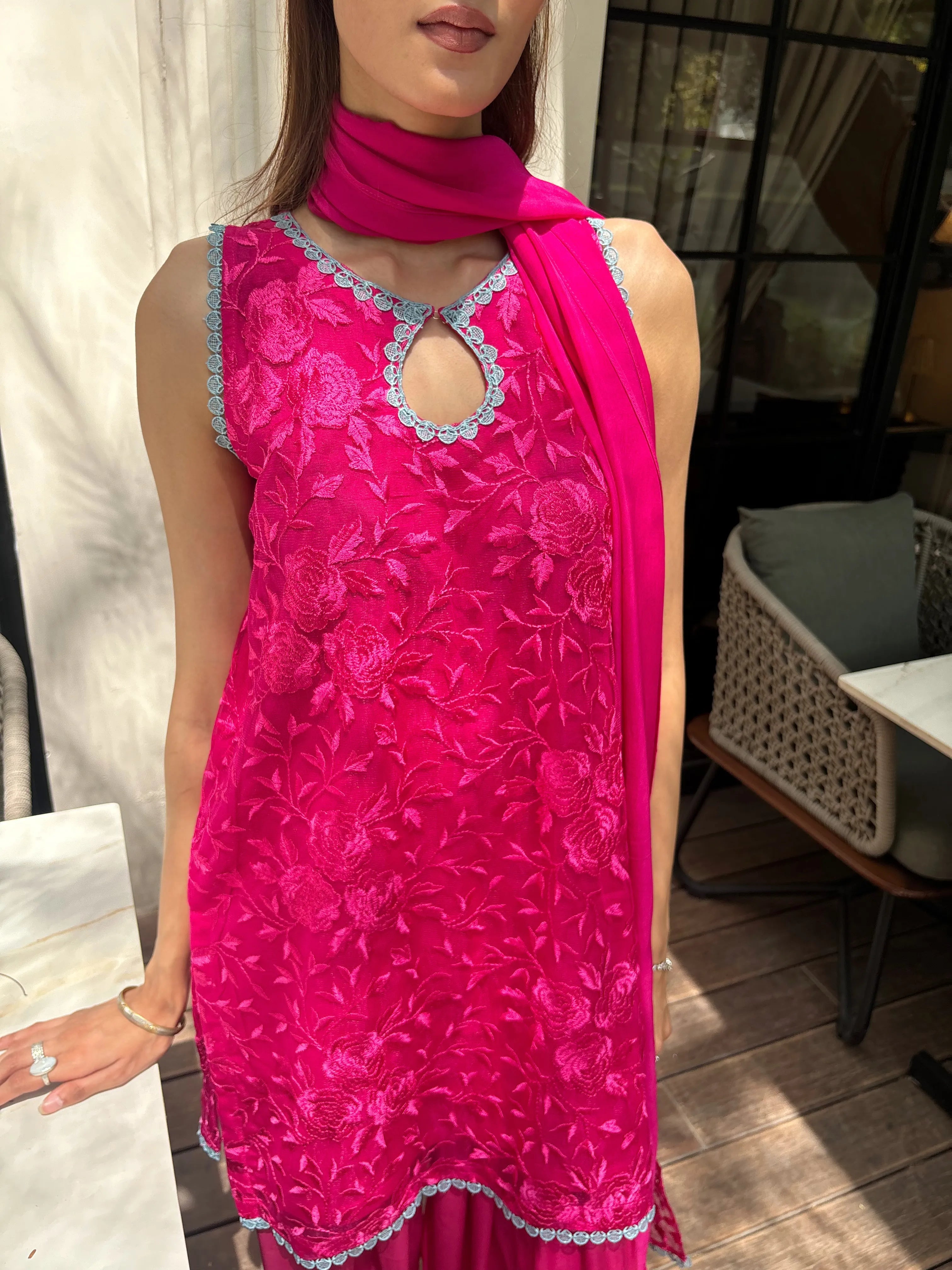 Chandni Farshi Set by Pyoor in pink net embroidery with satin farshi salwar