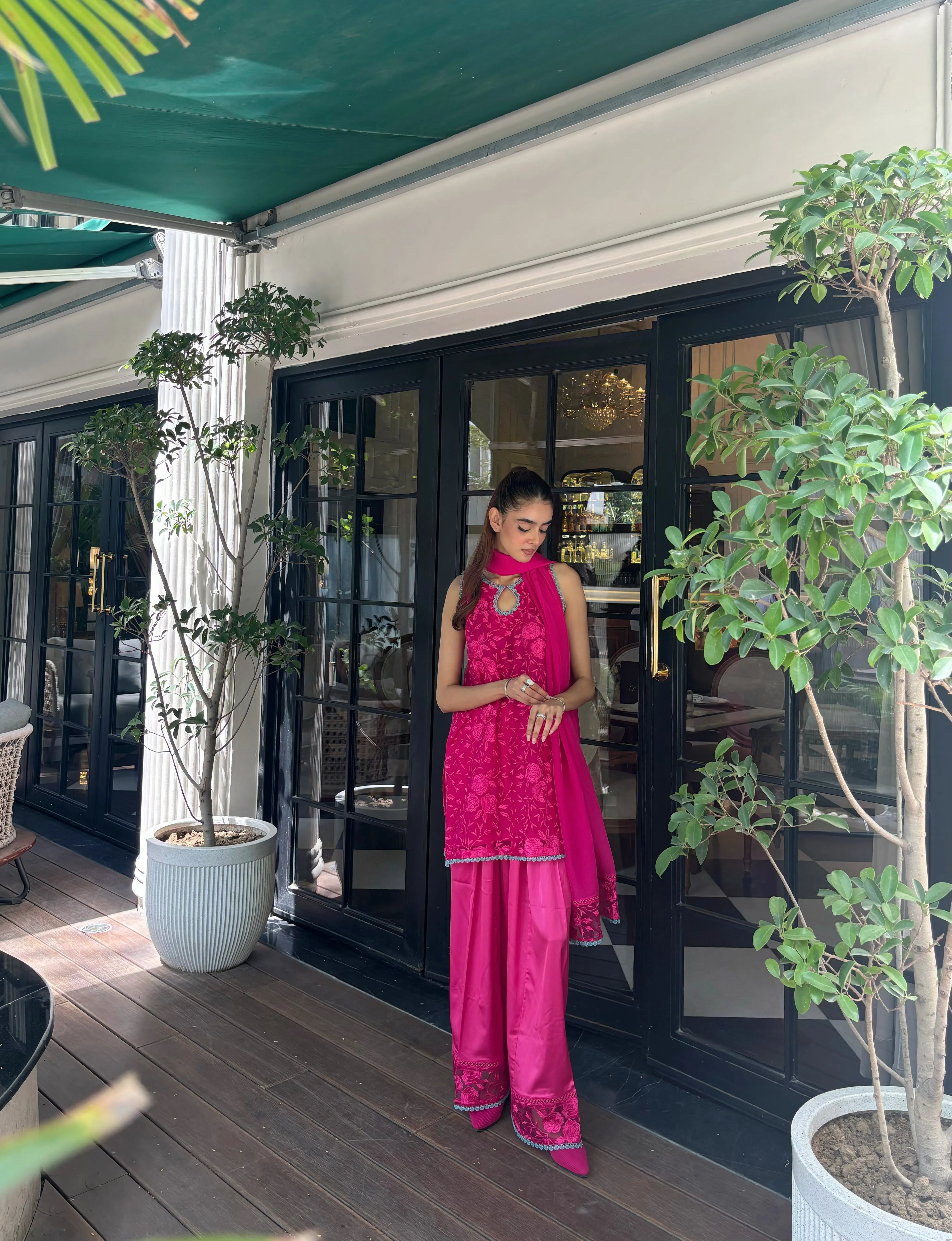 Chandni Farshi Set by Pyoor featuring a satin farshi salwar in pink
