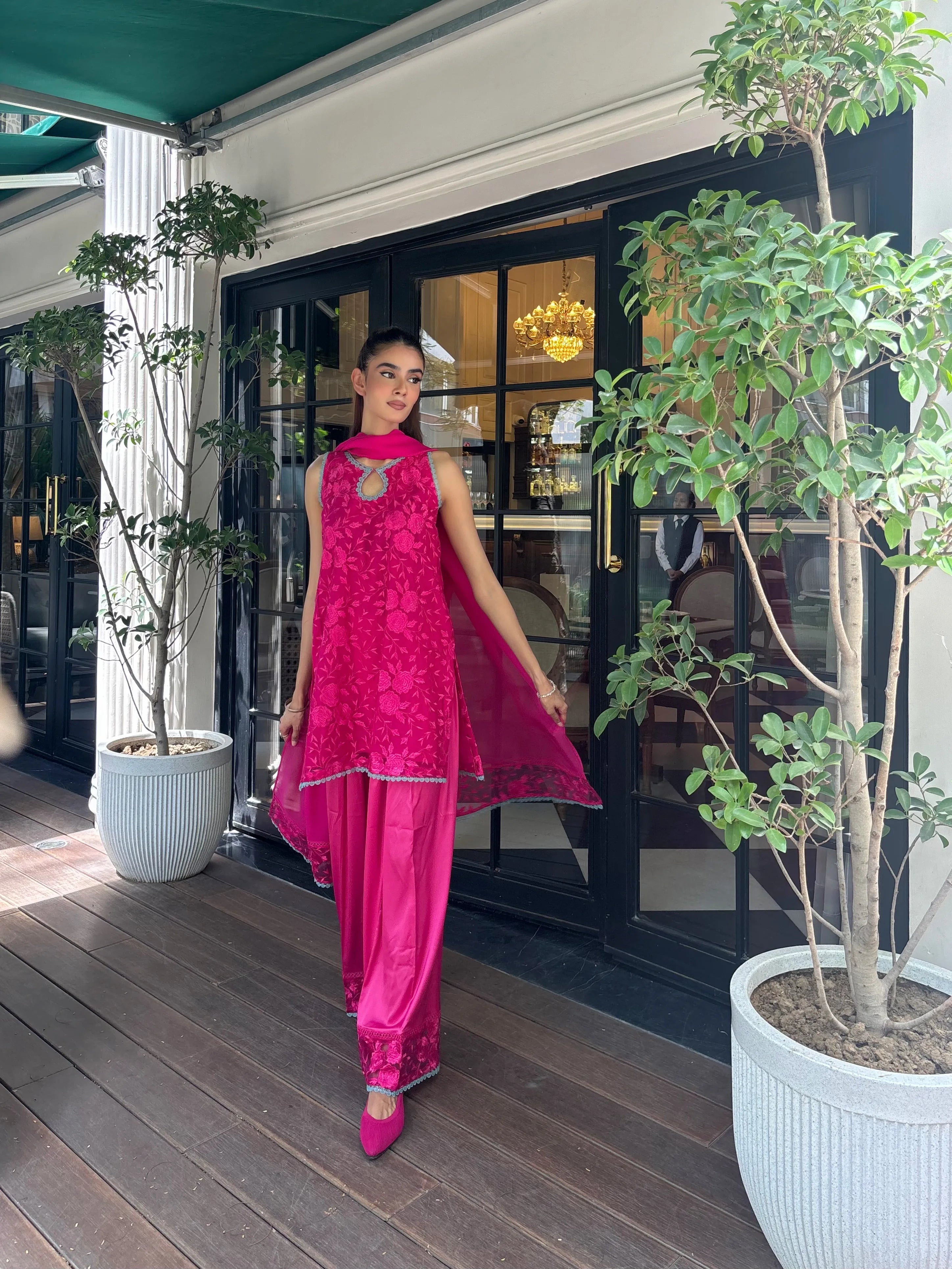 Chandni Farshi Set by Pyoor crafted with net embroidery and cotton lining