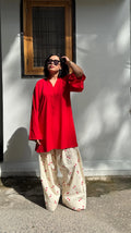 Cherry Farshi Salwar Set by Pyoor in breathable cotton – red kurta and embroidered salwar.