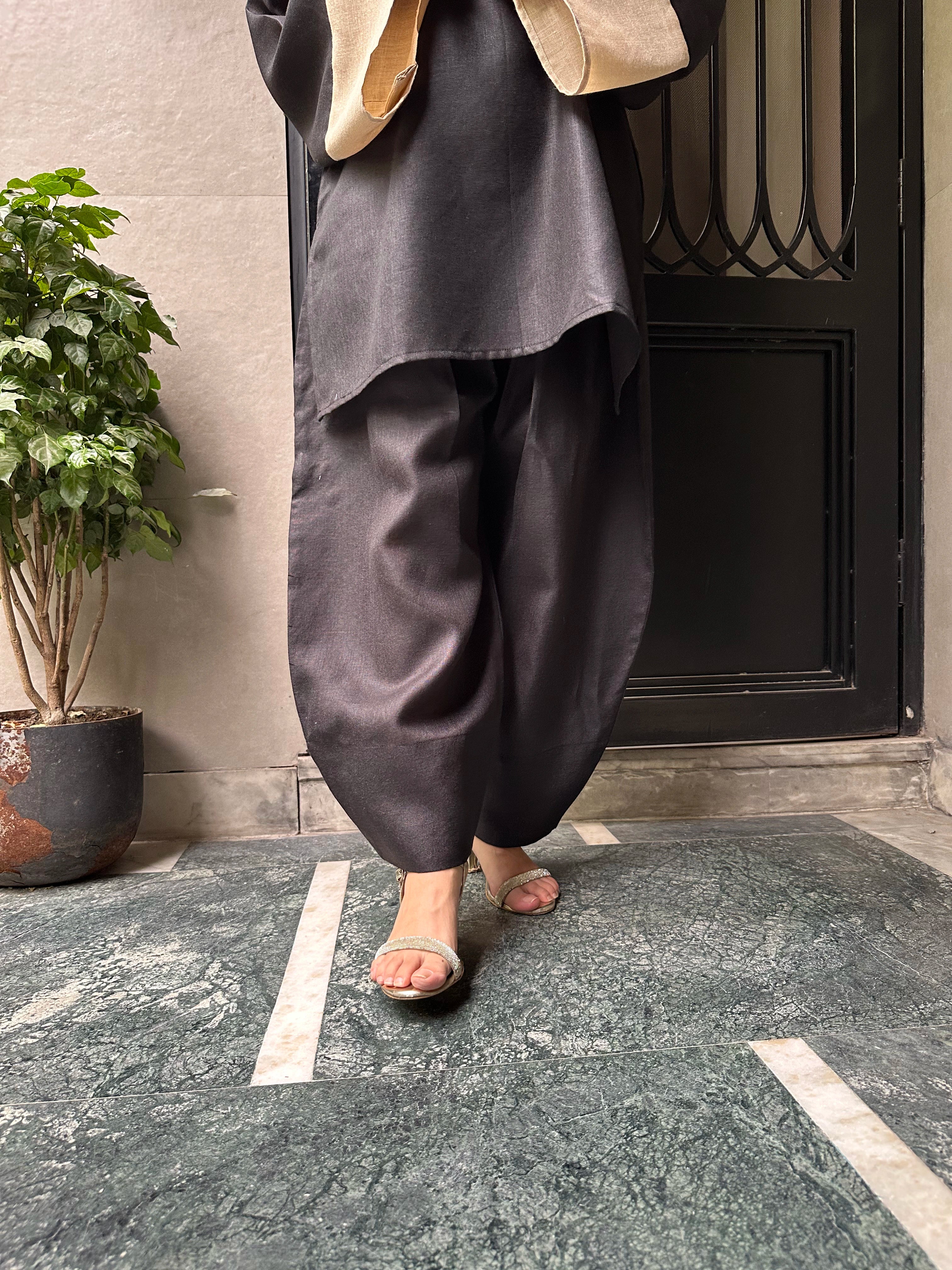 Cola Balloon Salwar Set by Pyoor featuring black beige colorblock linen style