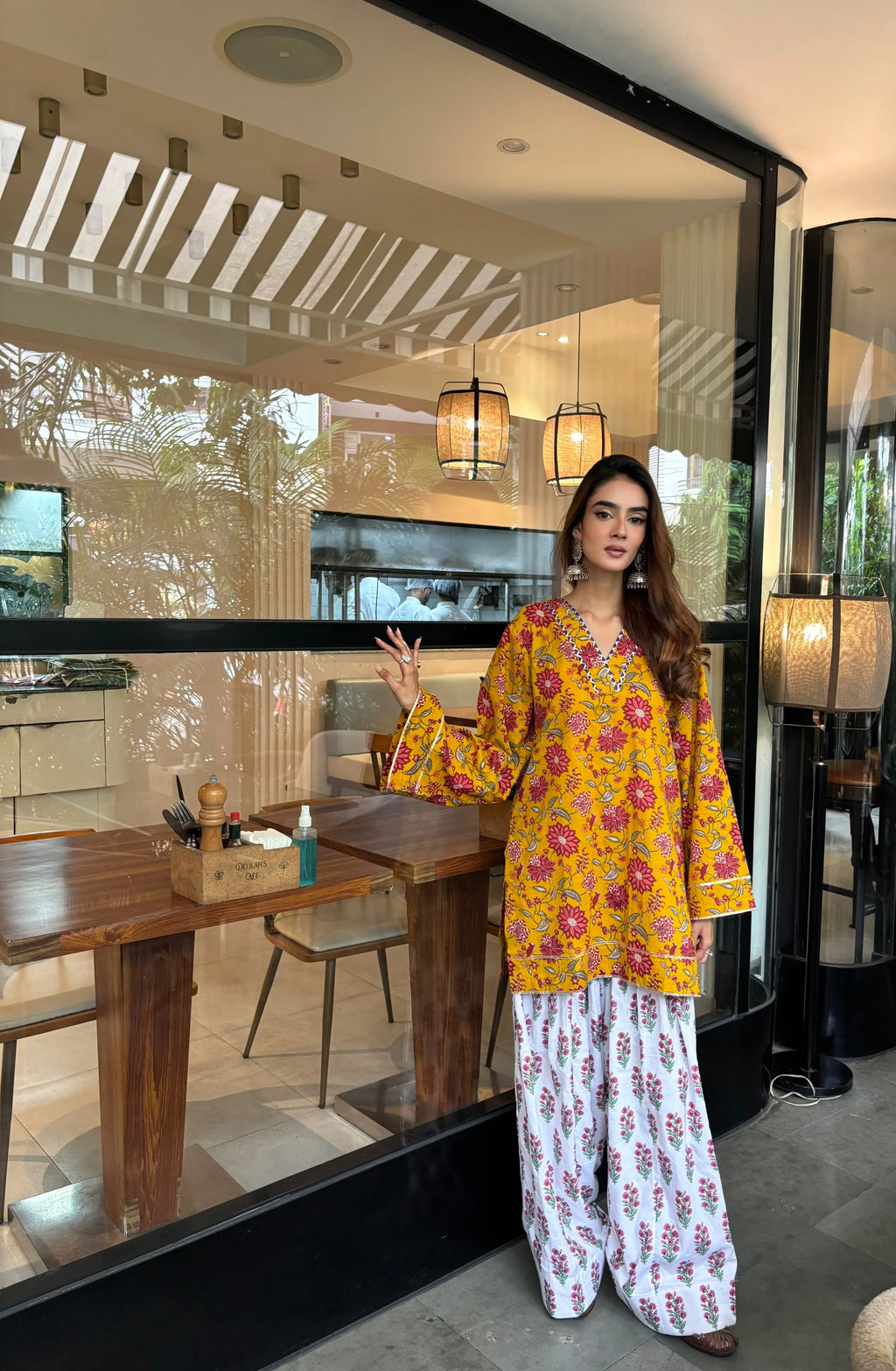 Daffodil Cotton Farshi Set with block printed cotton kurta, Pyoor