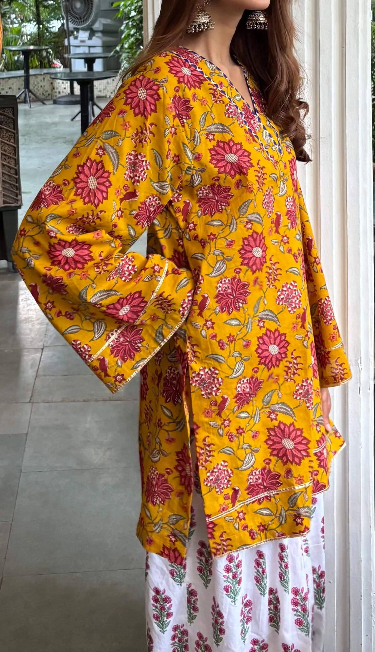 Pyoor's Daffodil Cotton Farshi Set featuring a farshi salwar in block print
