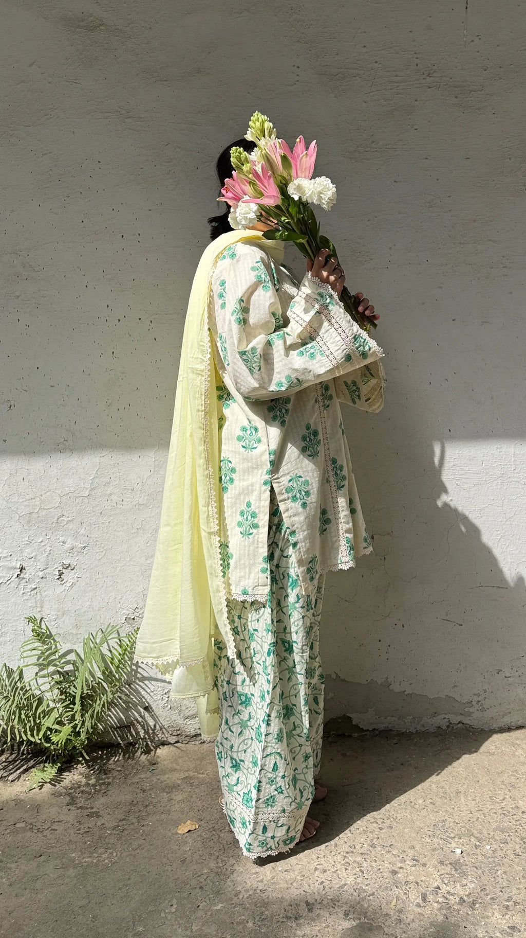 Dhaaga Block Print Farshi Kurta Set in Green by Pyoor crafted in soft cotton with lace dupatta