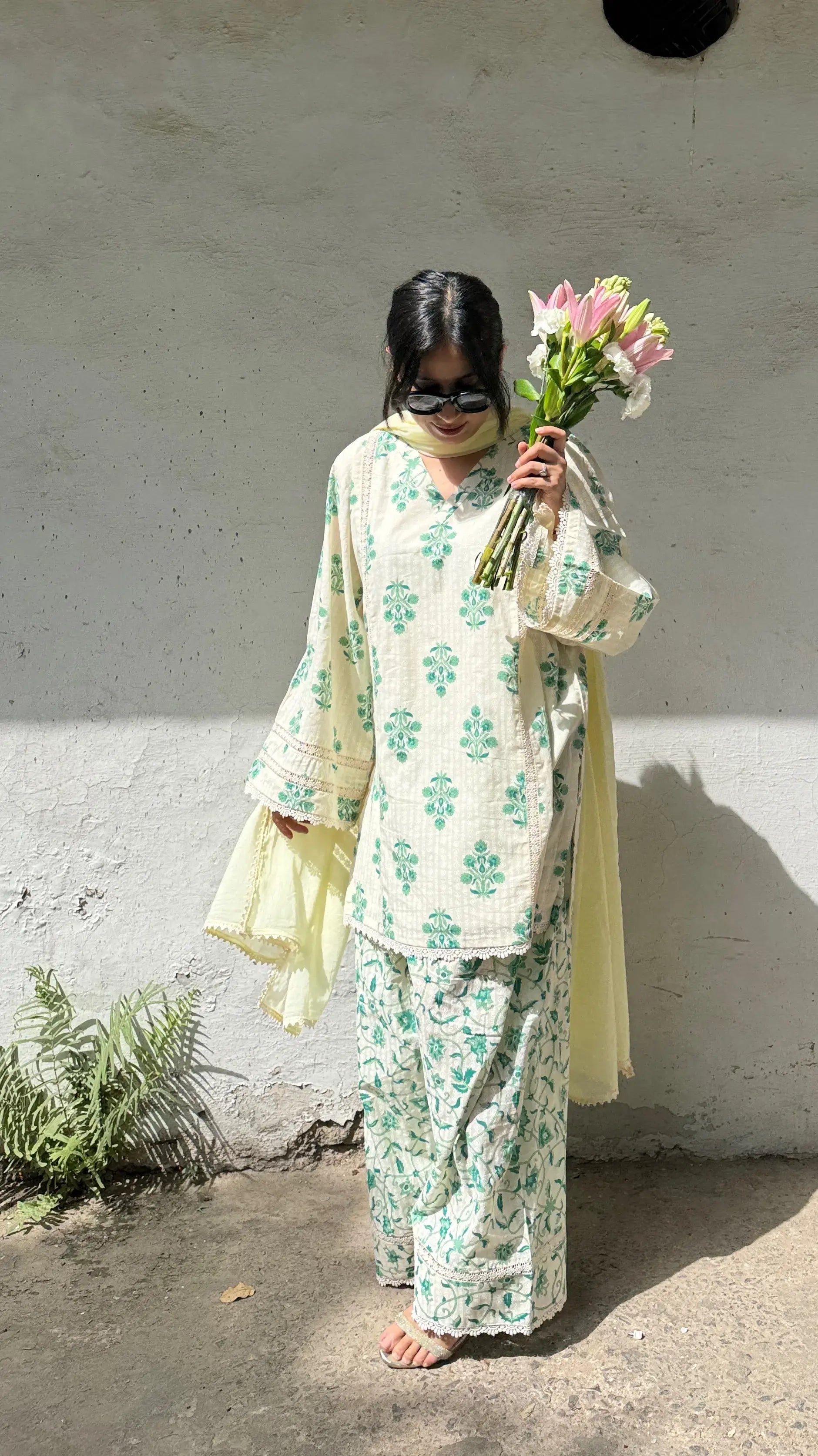 Pyoor Dhaaga Block Print Farshi Kurta Set in Green featuring floral block prints and salwar