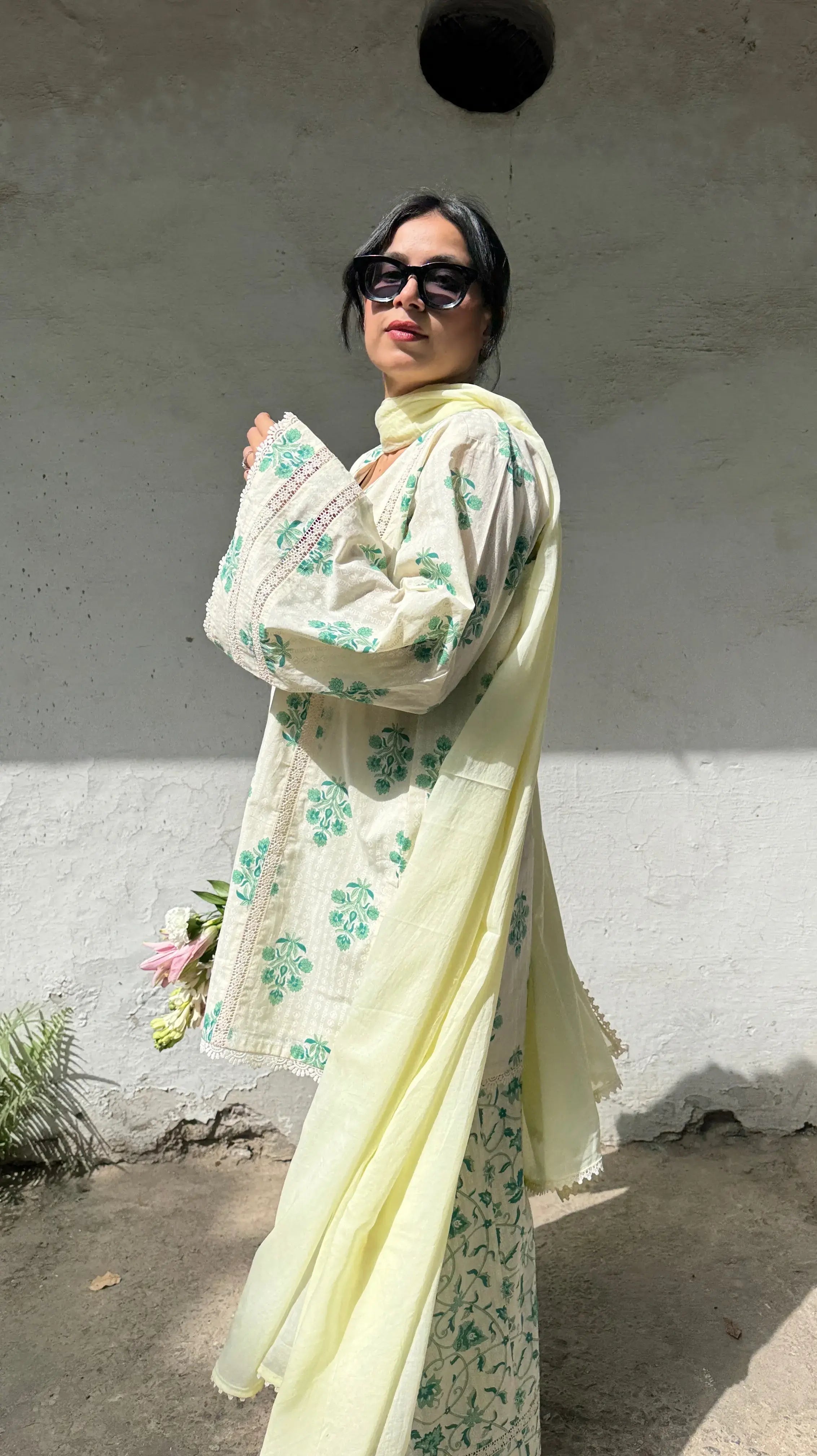 Pyoor Dhaaga Block Print Farshi Kurta Set in Green with contrast lime dupatta and comfy fit