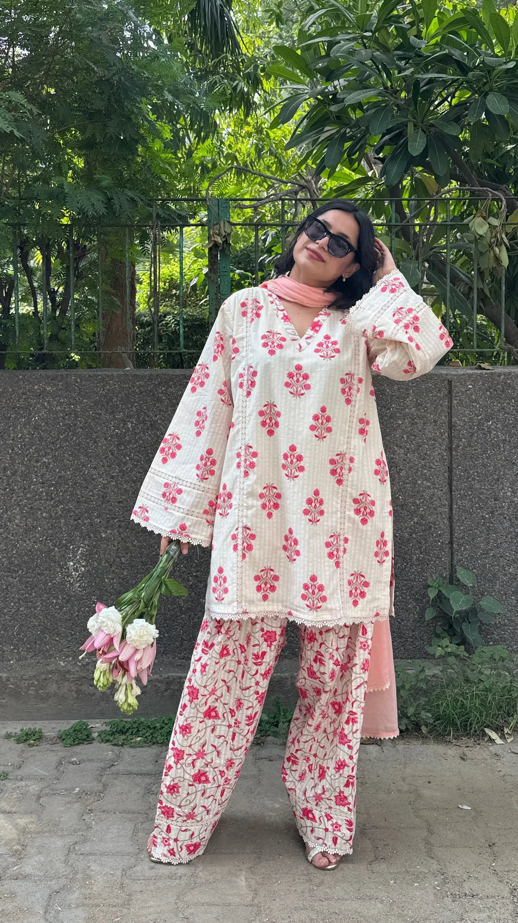 Dhaaga Block Print Farshi Kurta Set in Pinkish Red by Pyoor crafted in breathable cotton.