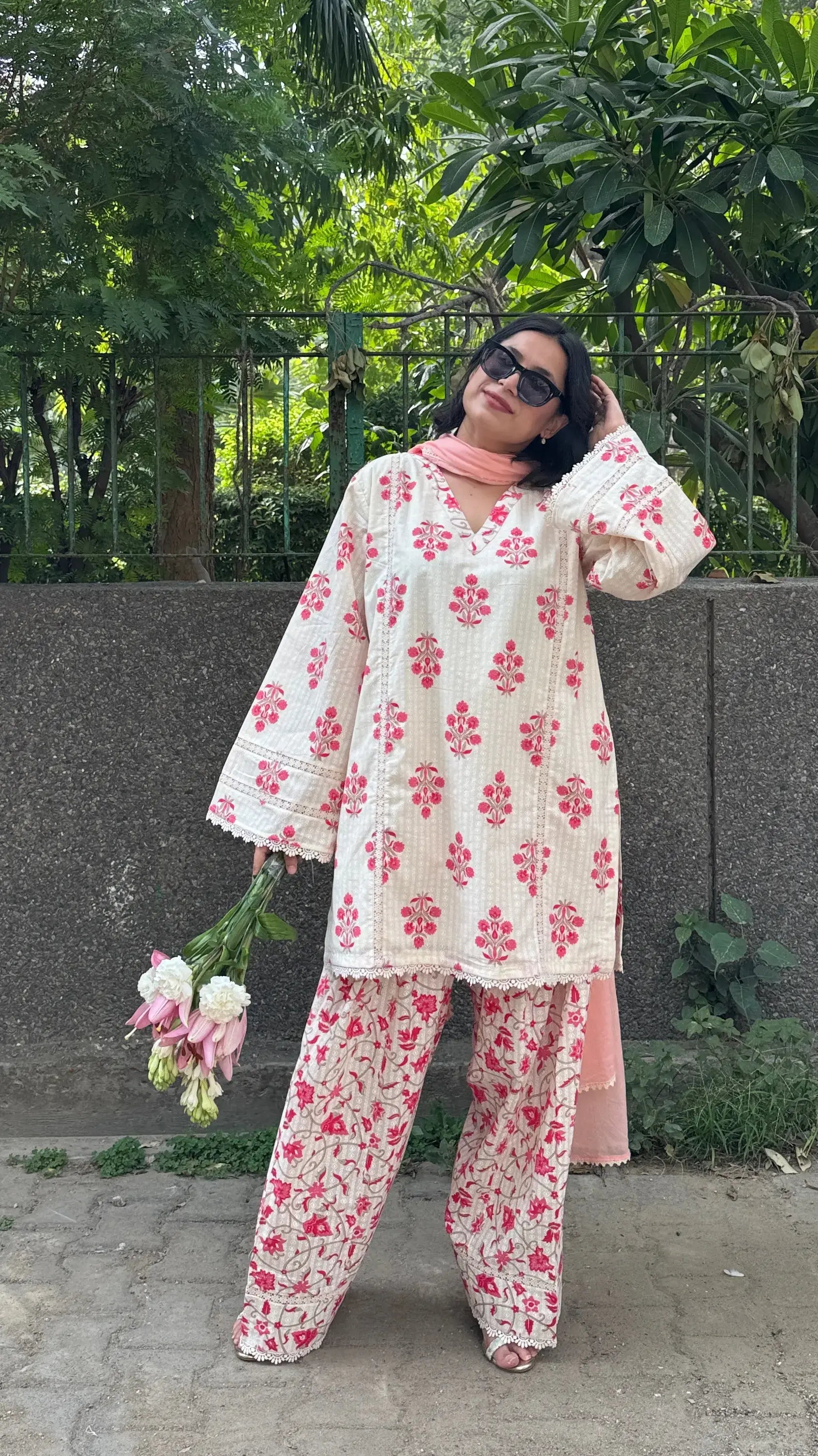 Dhaaga Block Print Farshi Kurta Set in Pinkish Red by Pyoor crafted in breathable cotton.