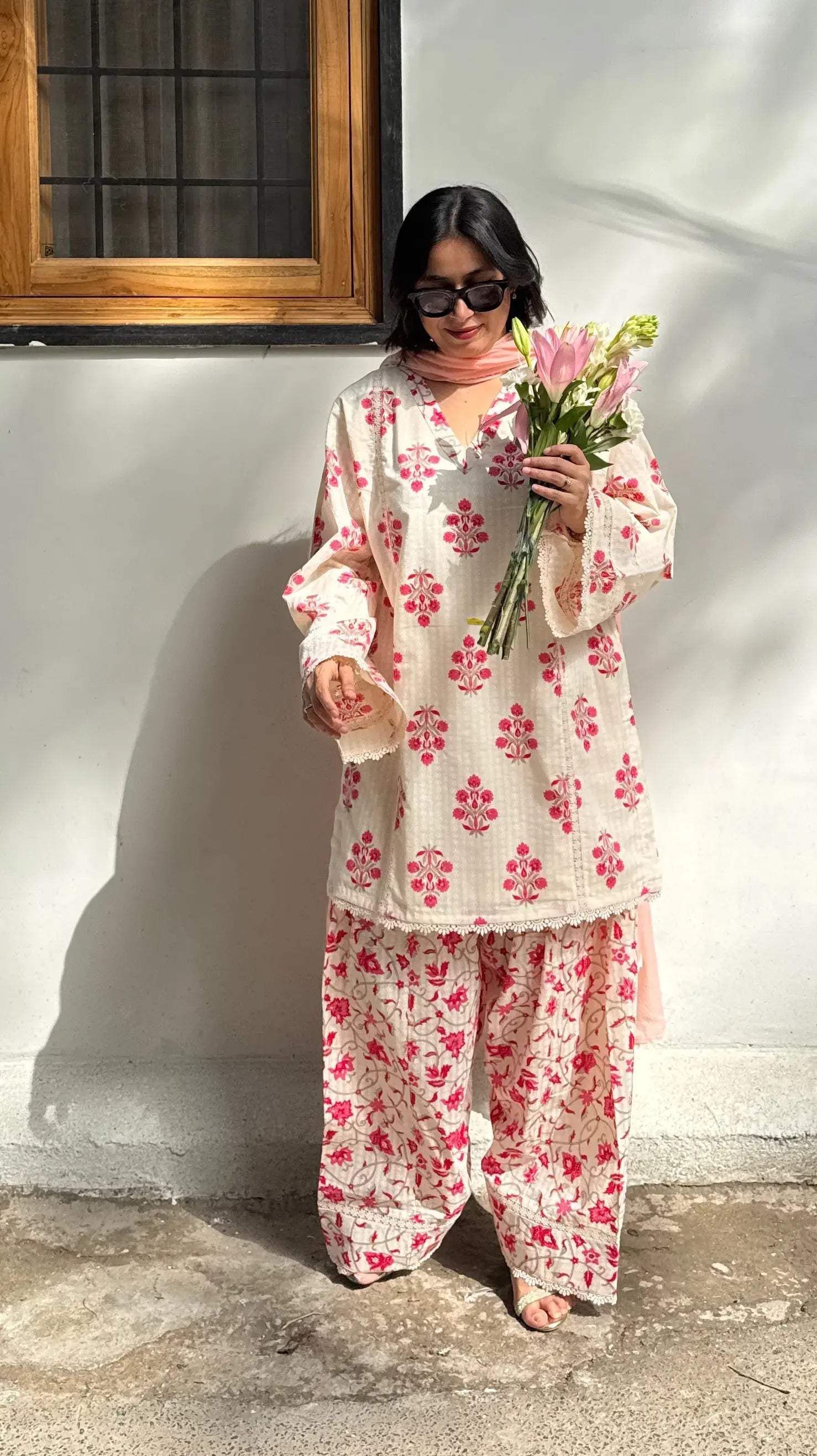 Pyoor Dhaaga Block Print Farshi Kurta Set in Pinkish Red in oversized comfortable fit.