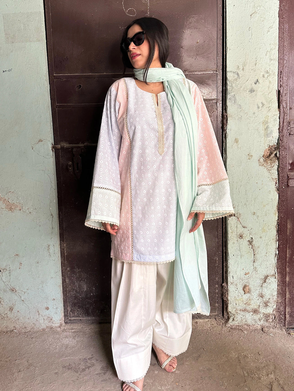Dhaaga Pastel Colorblock Farshi Set by Pyoor in soft cotton with pastel chikankari detailing