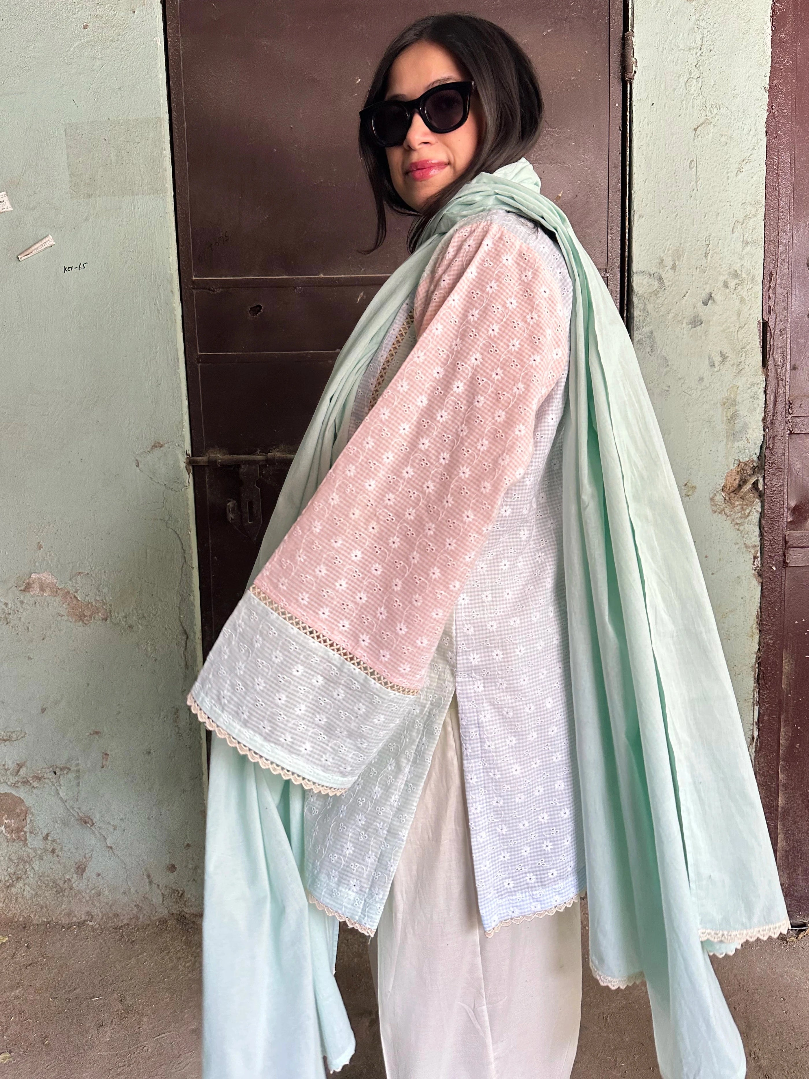 Dhaaga Pastel Colorblock Farshi Set by Pyoor featuring a relaxed cotton farshi silhouette