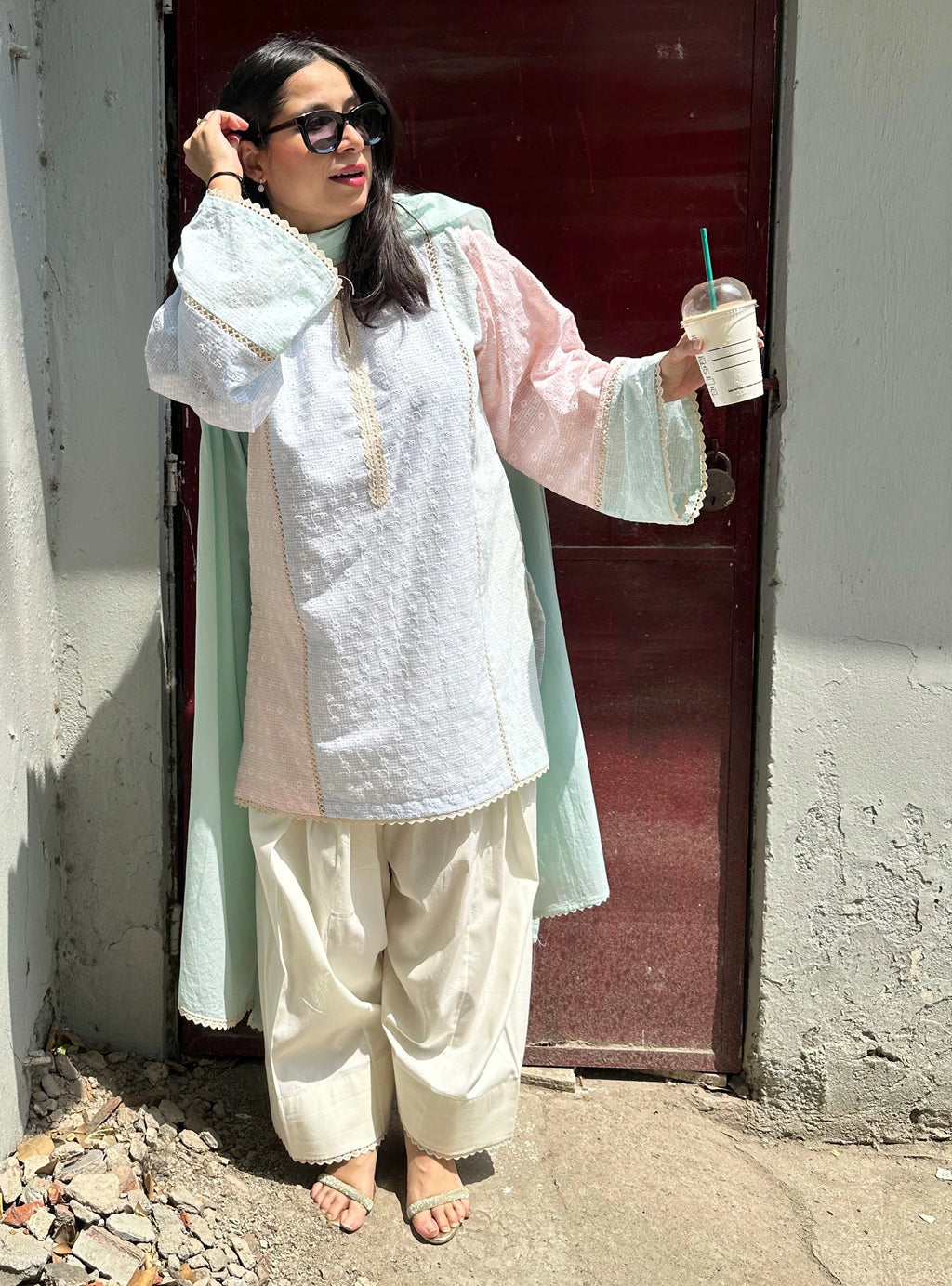 Dhaaga Pastel Colorblock Farshi Set by Pyoor crafted in breathable cotton for summer wear