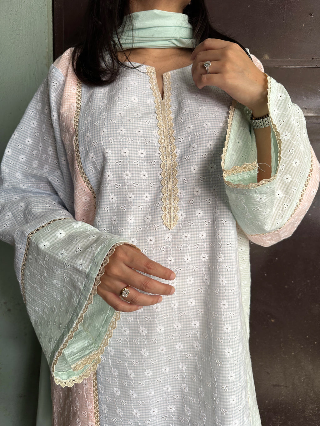 Dhaaga Pastel Colorblock Farshi Set by Pyoor with cotton kurta and white farshi salwar