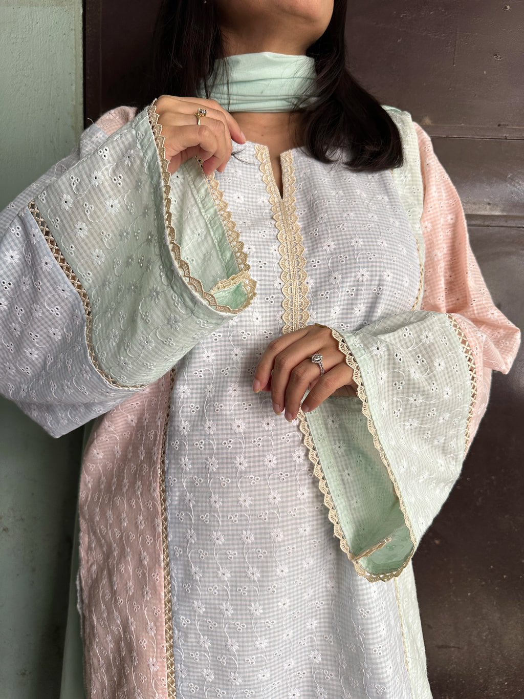 Dhaaga Pastel Colorblock Farshi Set by Pyoor showcasing elegant pastel chikankari work