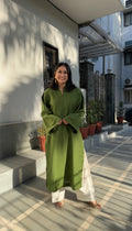 Dhaaga Set Winter Spun Oversized Fit by Pyoor featuring Mehendi green kurta and white Farshi salwar