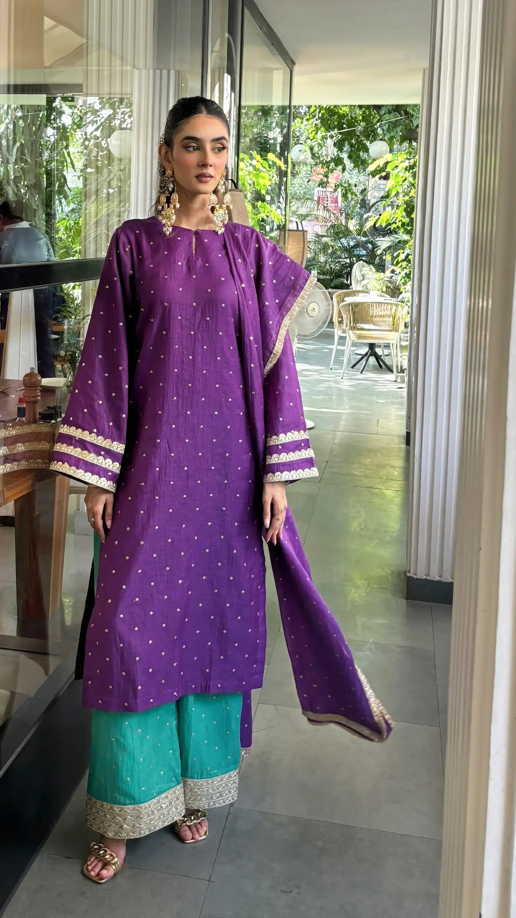 Pyoor Dilruba Wedding Suit in chanderi with foil motifs and lace-detailed bell sleeves