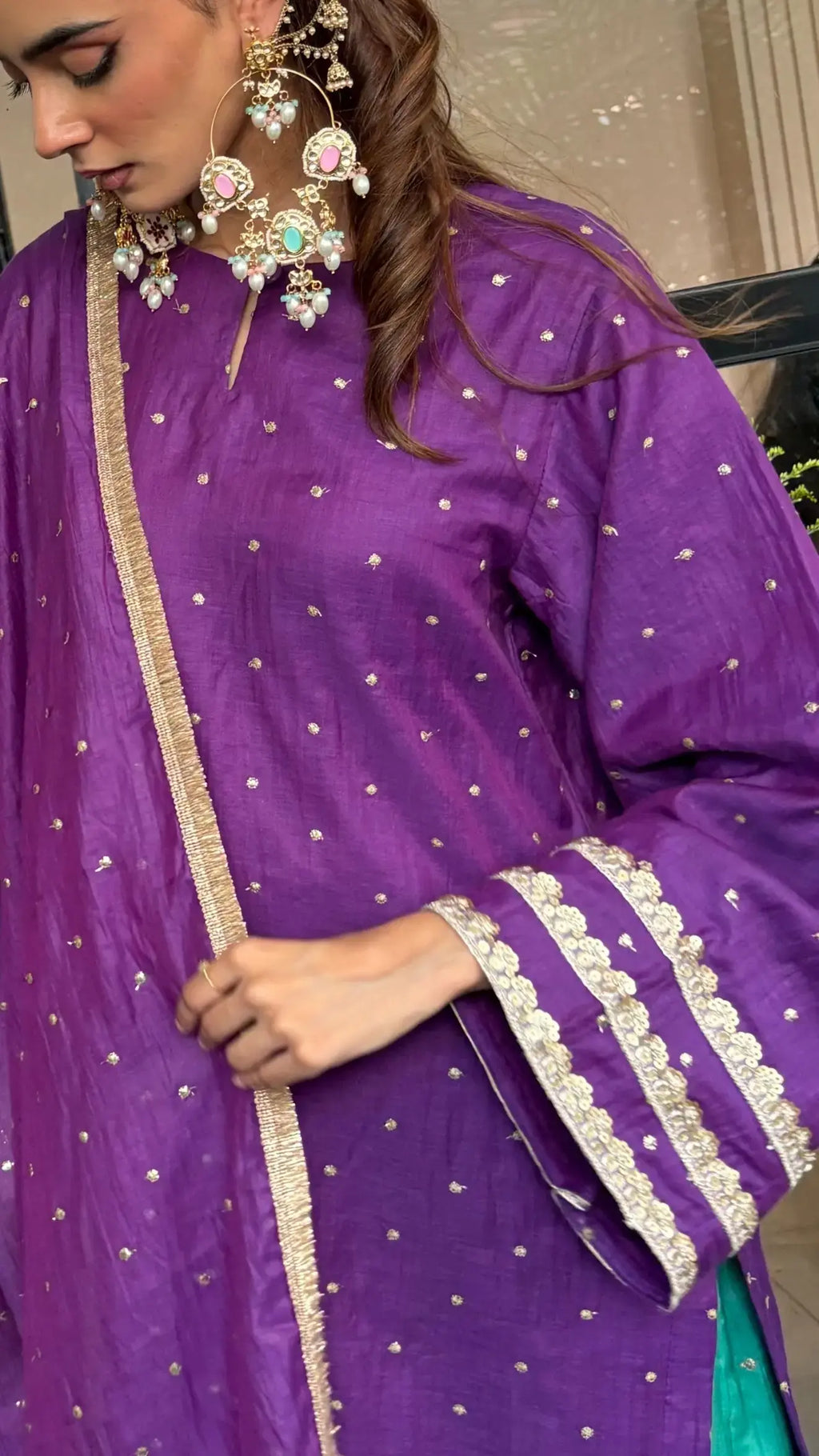 Pyoor Dilruba Wedding Suit crafted in chanderi with embroidered foil motifs for festive wear