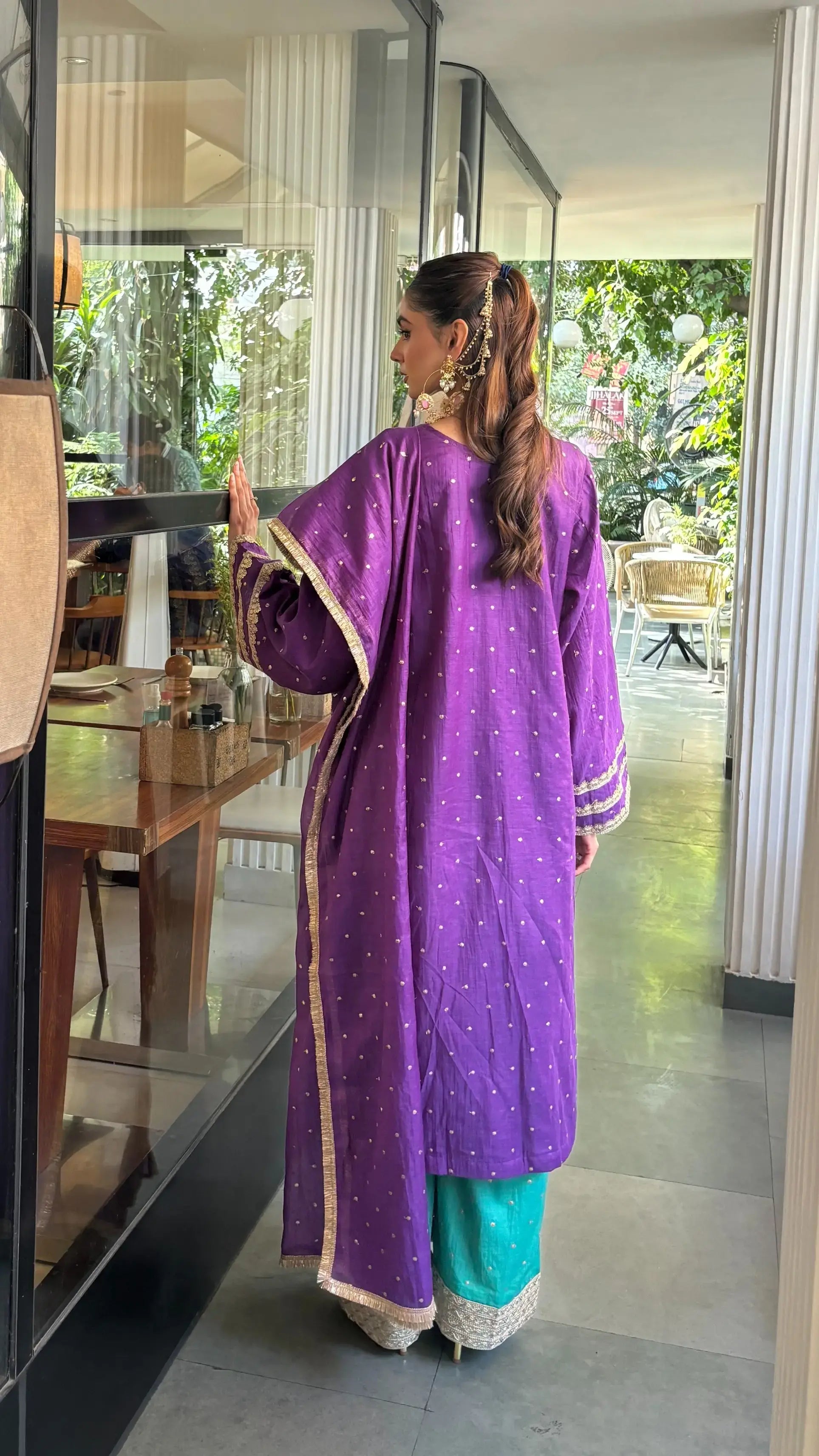 Dilruba Wedding Suit from Pyoor in purple kurta and ferozi green palazzo with lace detailing