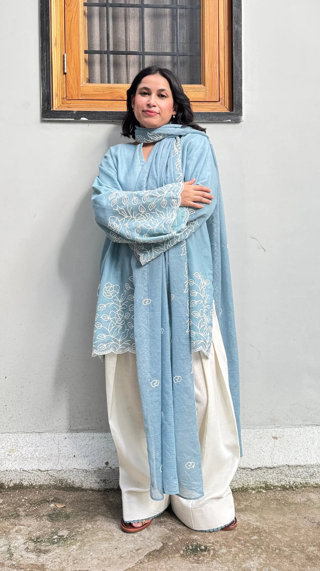 Pyoor Embroidered Kota Farshi Salwar Set featuring light Kota fabric and cotton salwar.