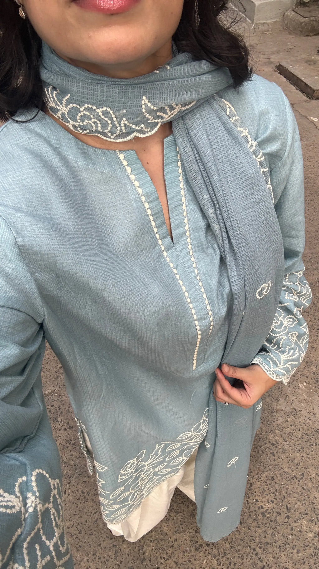 Elegant Embroidered Kota Farshi Salwar Set by Pyoor with embroidered dupatta and kurta.