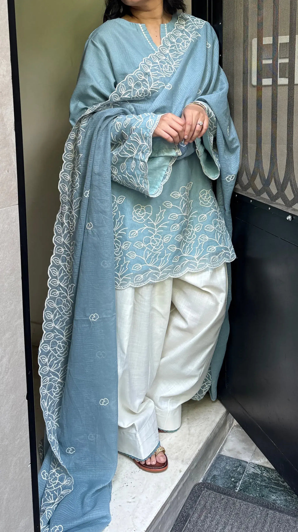 Relaxed-fit Embroidered Kota Farshi Salwar Set from Pyoor crafted in breathable Kota fabric.