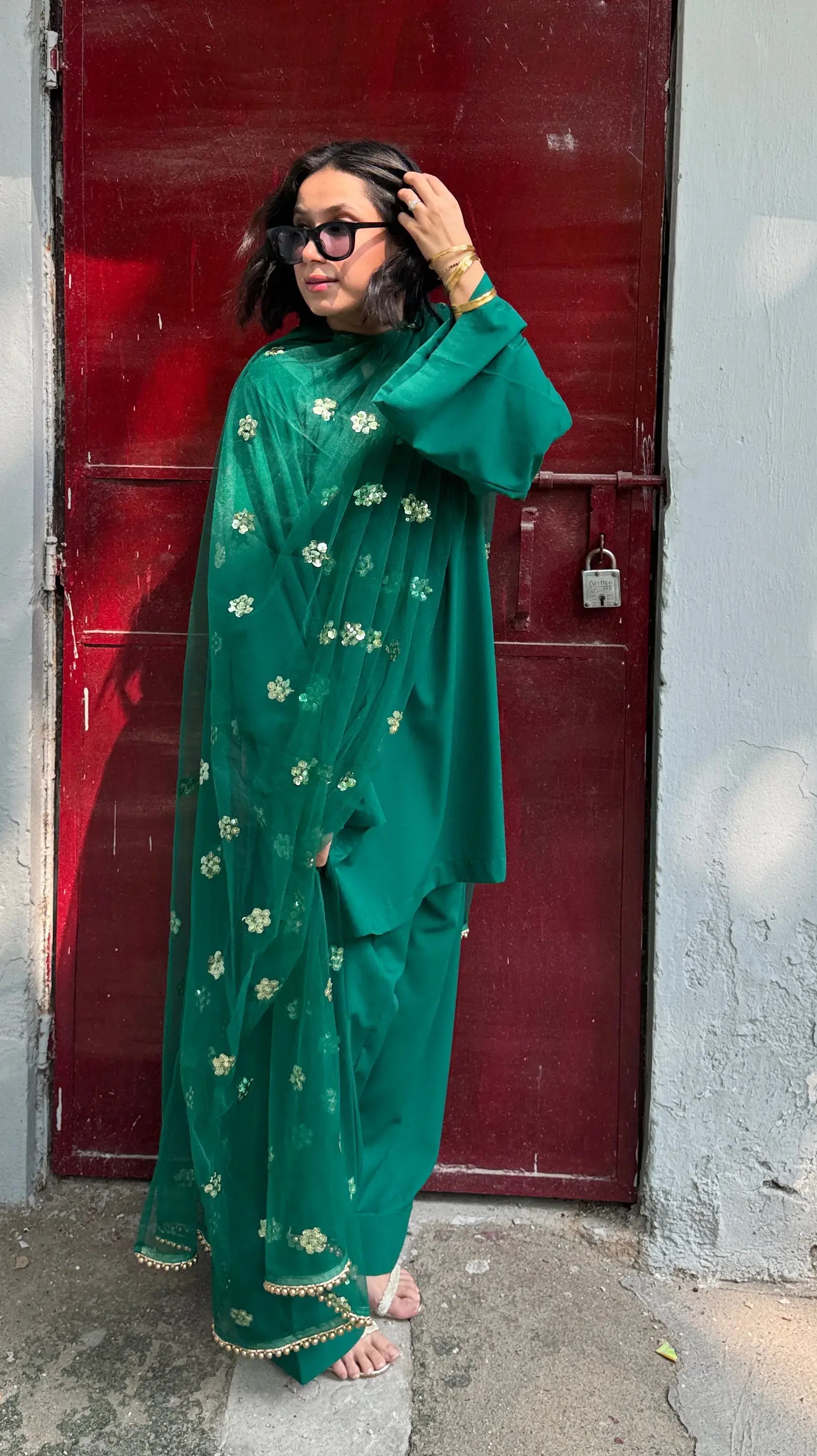Solids Emerald Farshi Suit Set by Pyoor – elegant green suit for festive occasions.