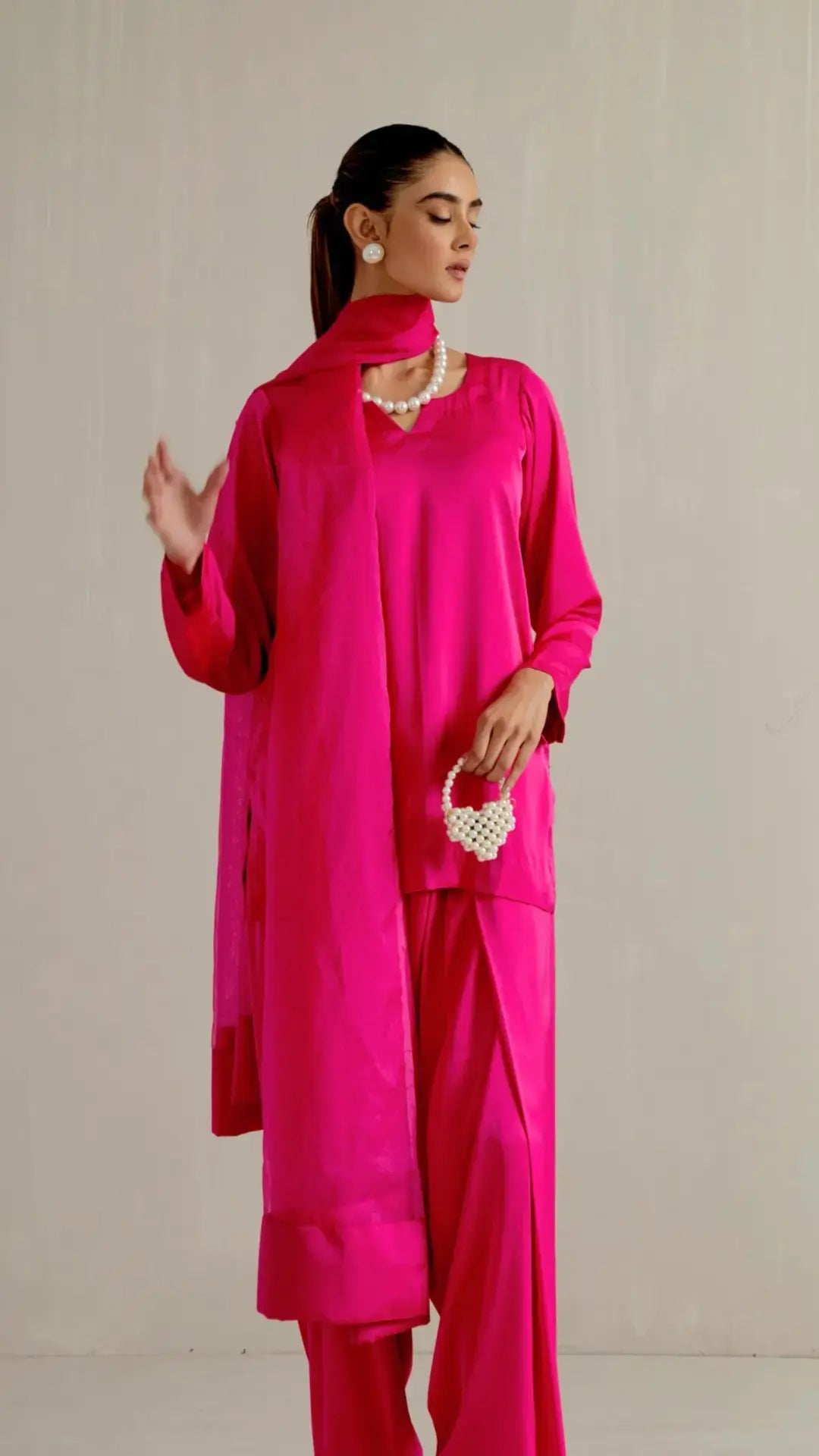 Pyoor 'GULAAB' Middle Eastern Kurta set with Dupatta in pink satin and organza