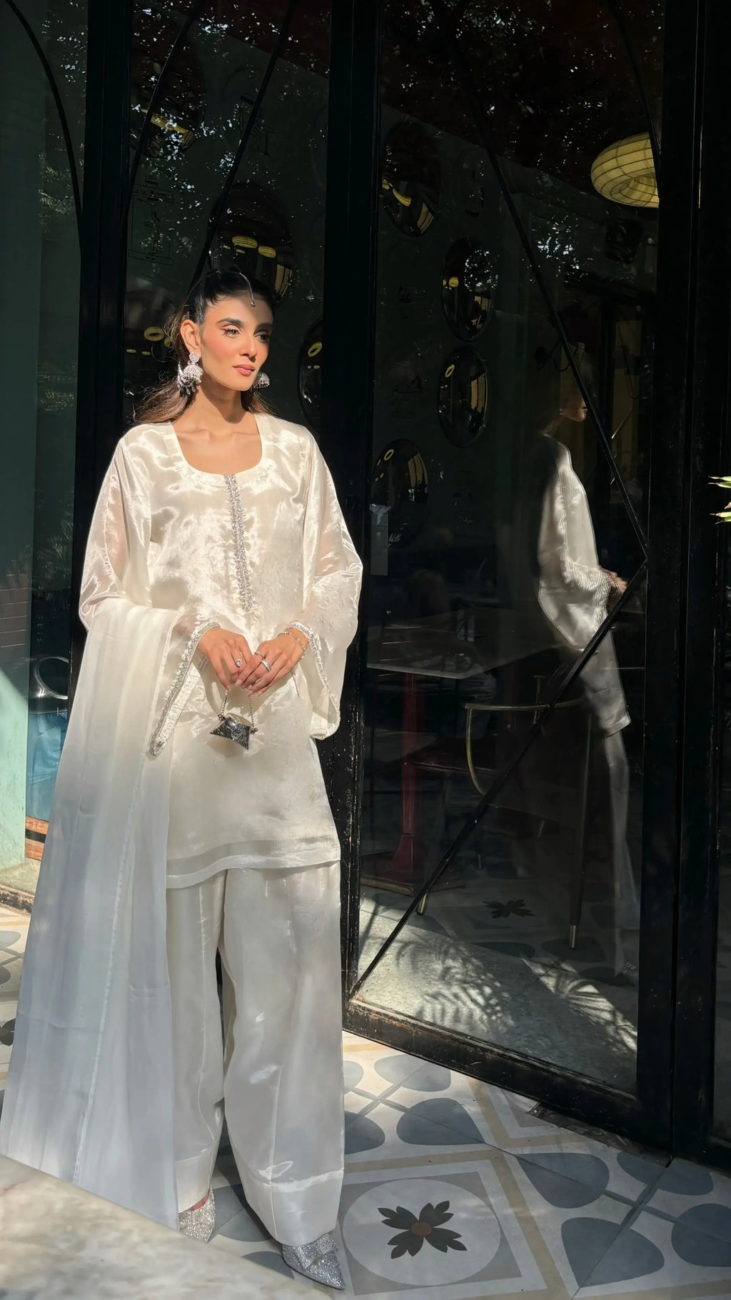 Glass Silk Farshi Set by Pyoor in white with lace detailing and organza dupatta