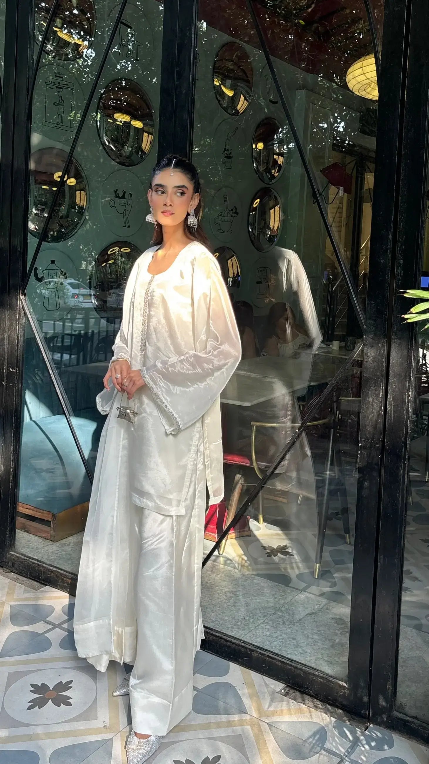 White Glass Silk Farshi Set by Pyoor featuring lace accents and breathable cotton lining