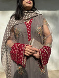 Pyoor Grey Gold Embroidered Farshi Set with net kurta and red georgette detailing