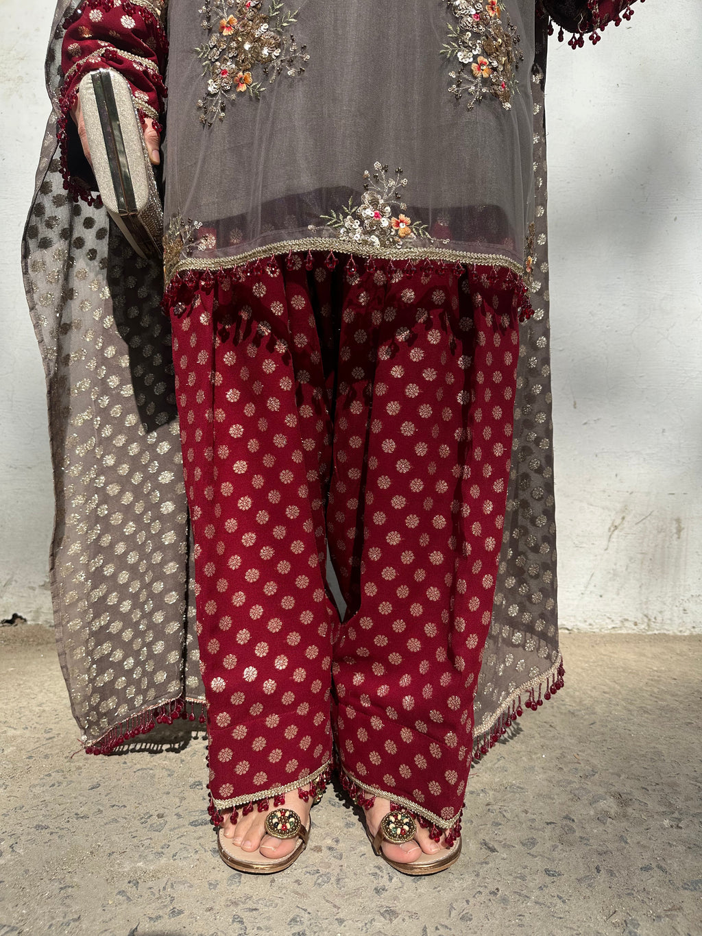 Traditional Grey Gold Embroidered Farshi Set by Pyoor with red georgette salwar