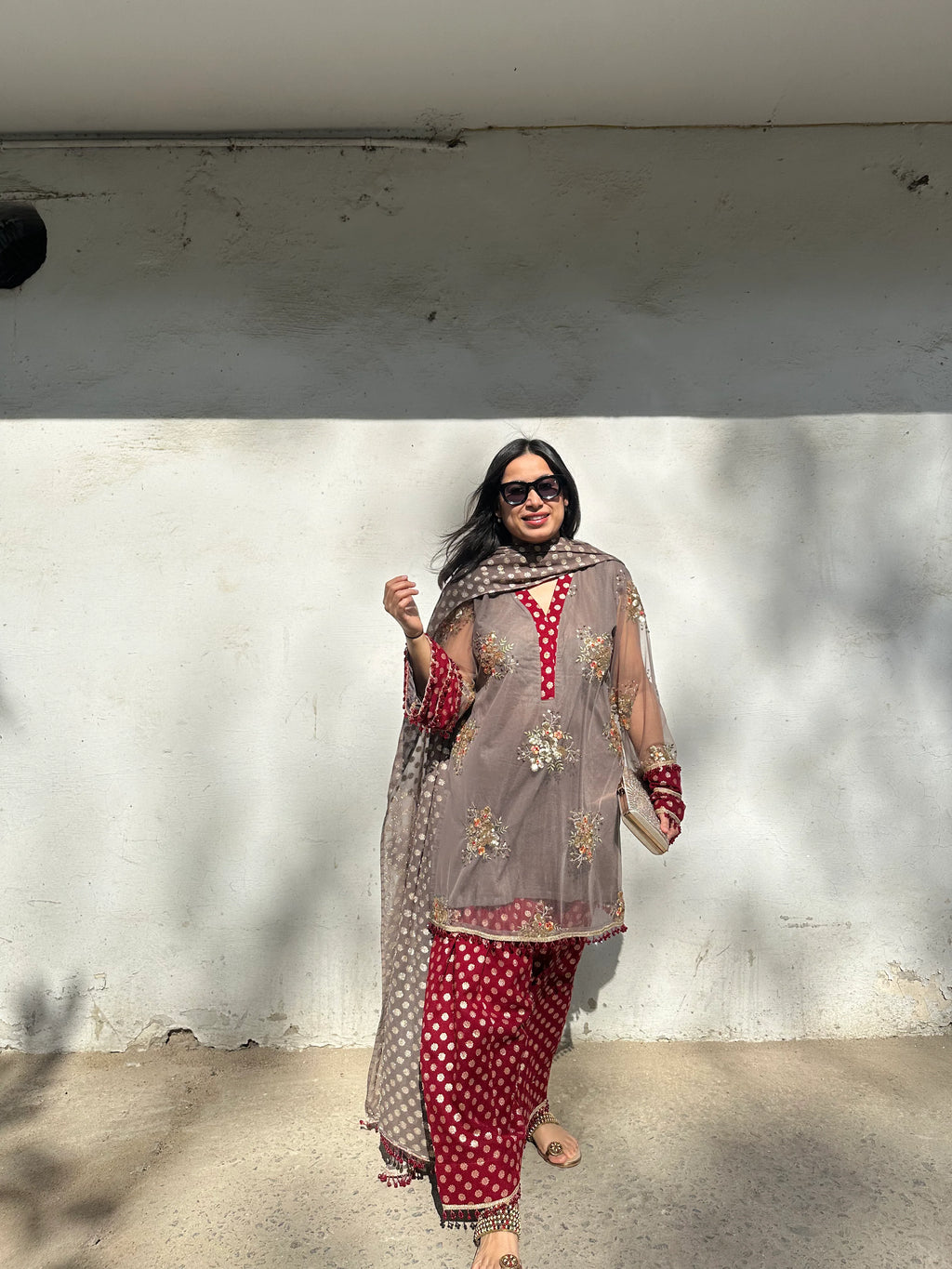 Elegant Grey Gold Embroidered Farshi Set by Pyoor crafted in net and georgette fabrics