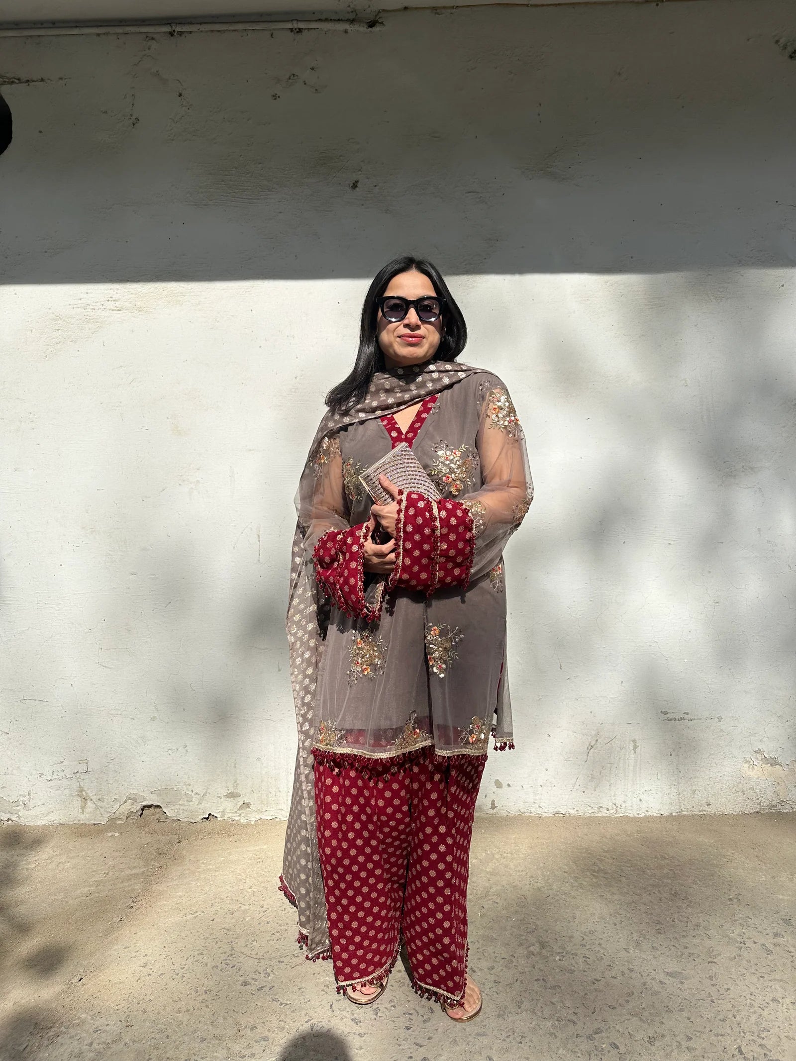 Pyoor Grey Gold Embroidered Farshi Set featuring embroidered net kurta and dupatta