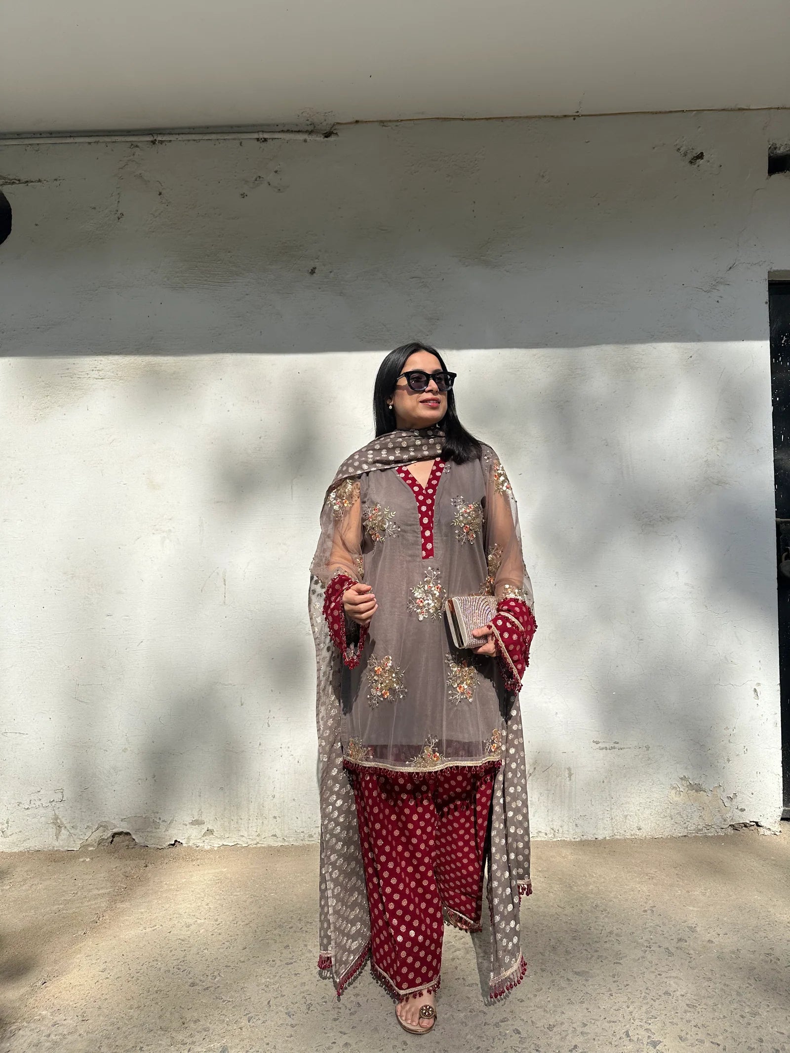 Grey Gold Embroidered Farshi Set by Pyoor designed with net kurta and georgette layers