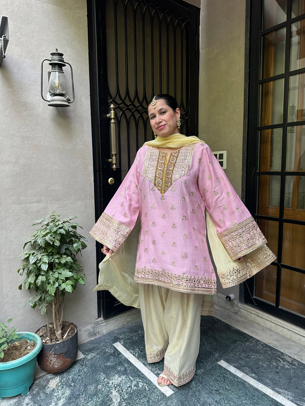 Traditional Gul Pink Chanderi Set by Pyoor with handcrafted festive detailing