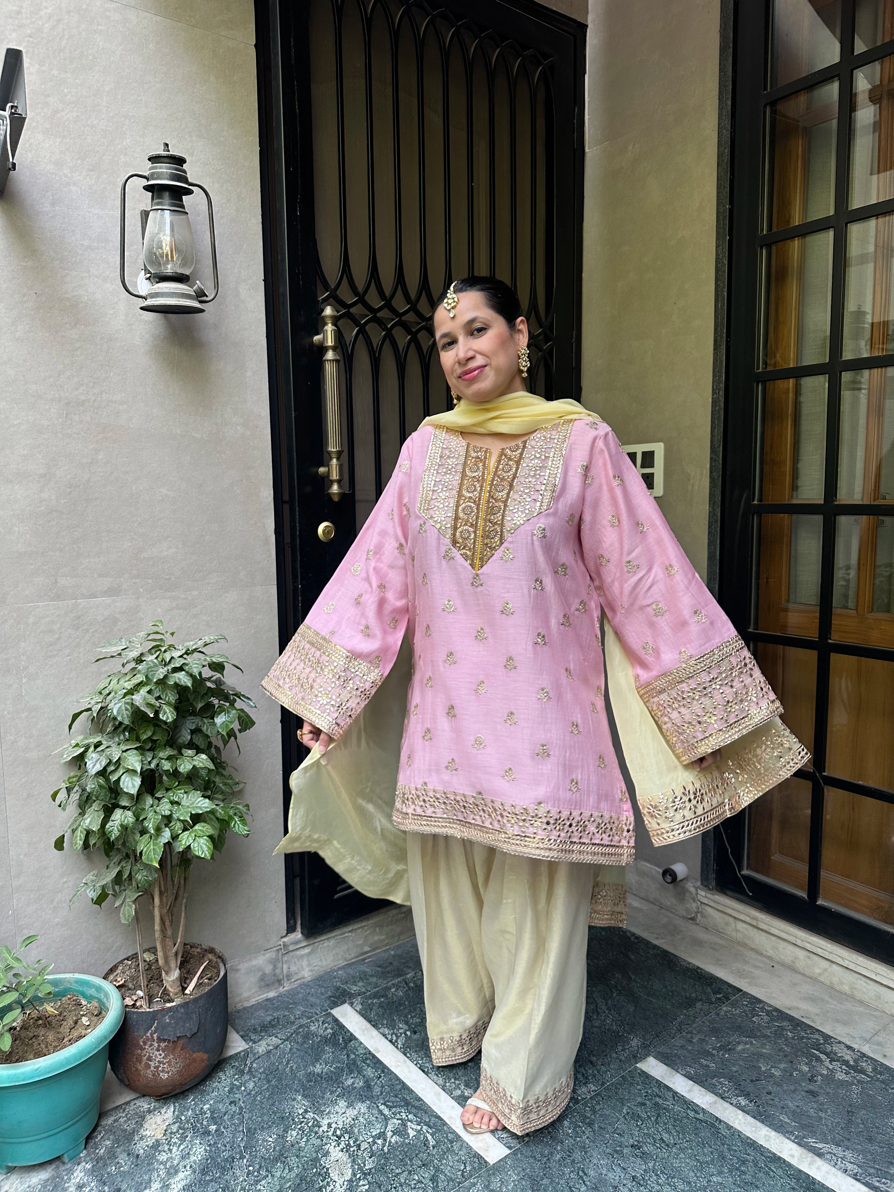 Traditional Gul Pink Chanderi Set by Pyoor with handcrafted festive detailing