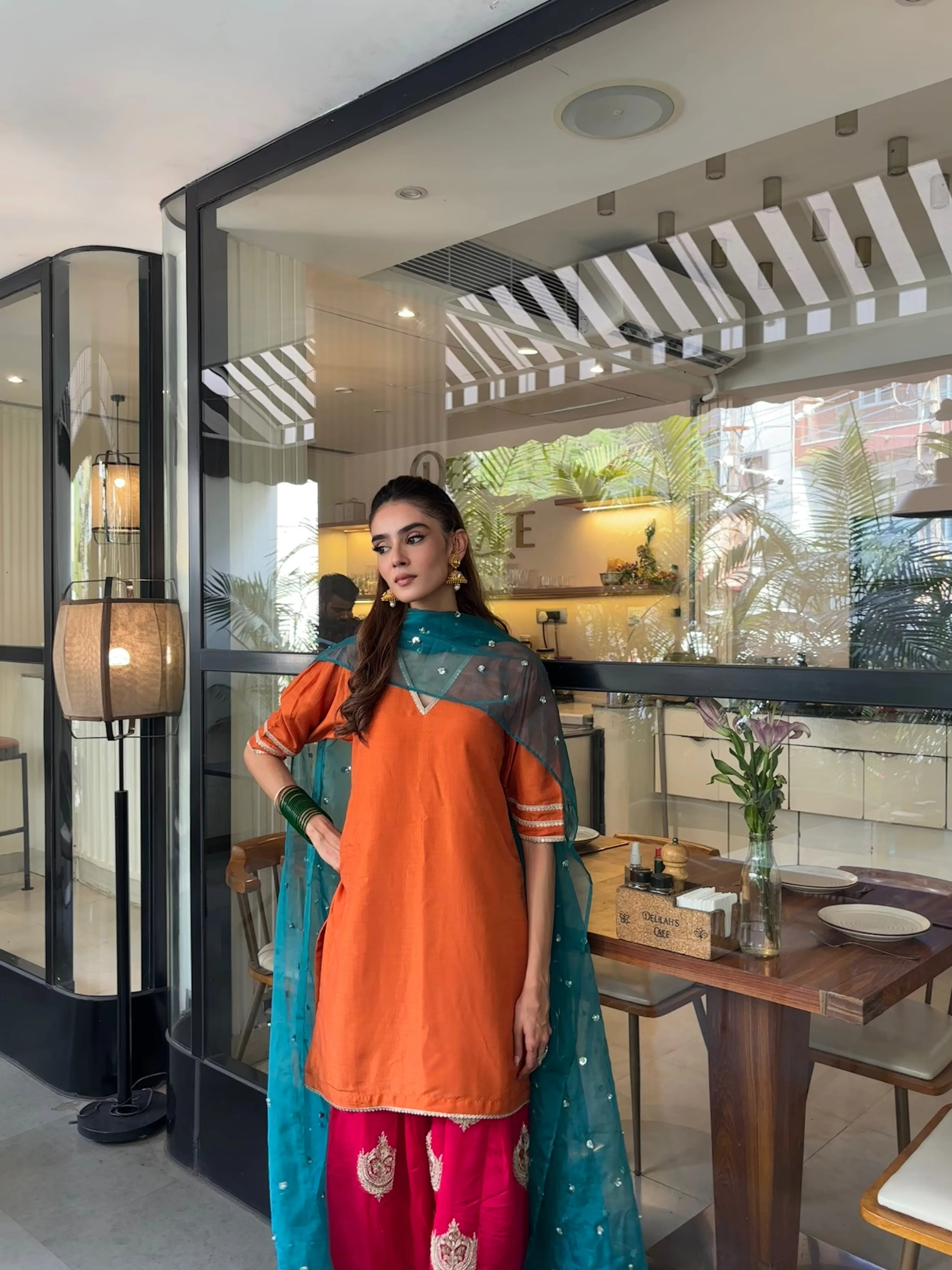 Gulshan Orange Contrast Farshi Set by Pyoor with a silk kurta and Chanderi salwar