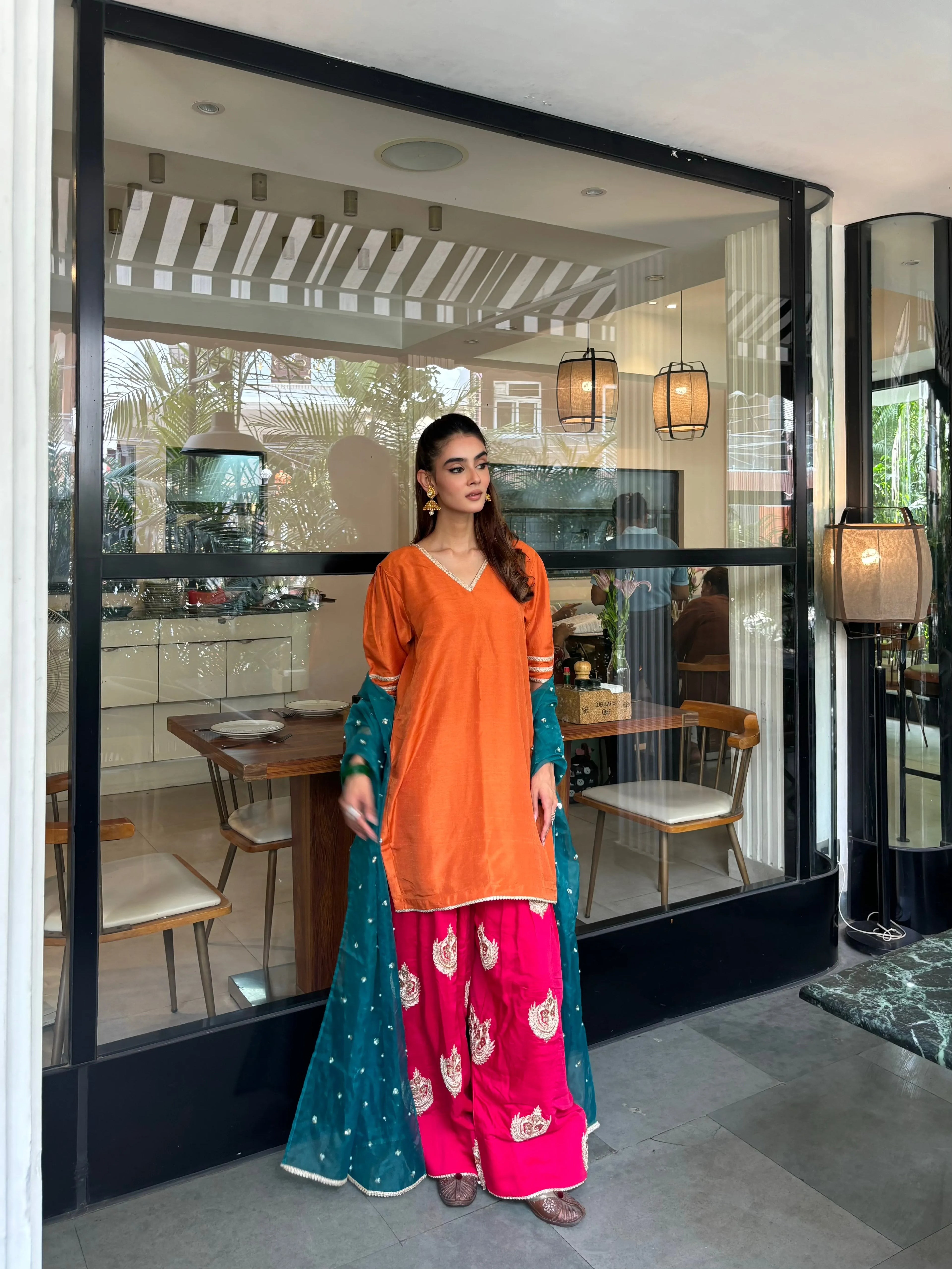 Gulshan Orange Contrast Farshi Set by Pyoor with an embroidered ferozi organza dupatta