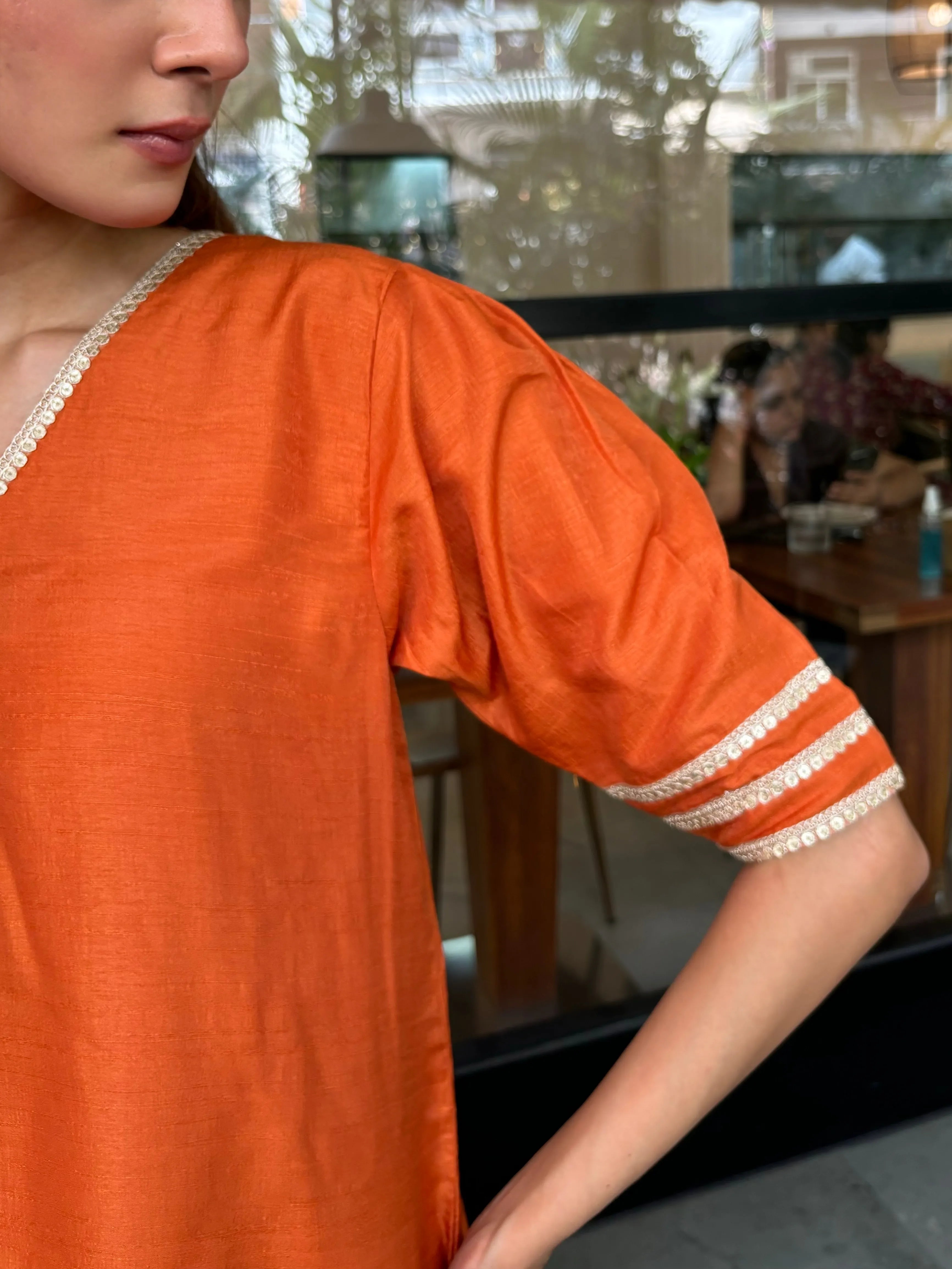 Gulshan Orange Contrast Farshi Set by Pyoor showcasing silk and Chanderi craftsmanship
