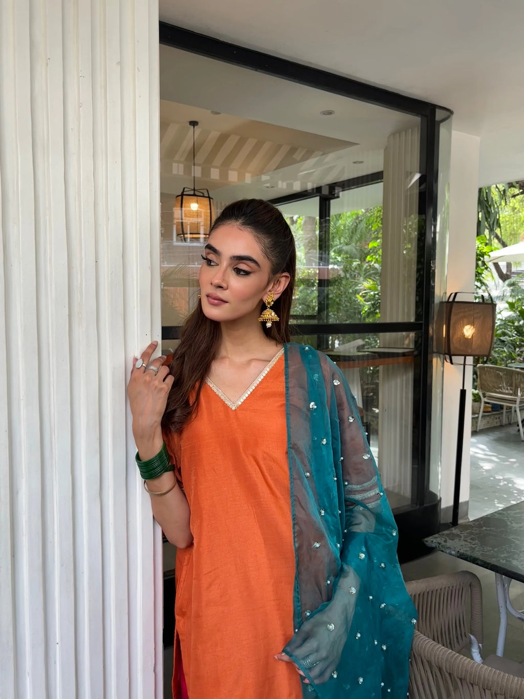 Gulshan Orange Contrast Farshi Set by Pyoor with elegant festive embroidery and organza
