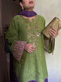 Haya Green Mukaish Hand embroidered Set by Pyoor with elegant mukaish work and lace detailing