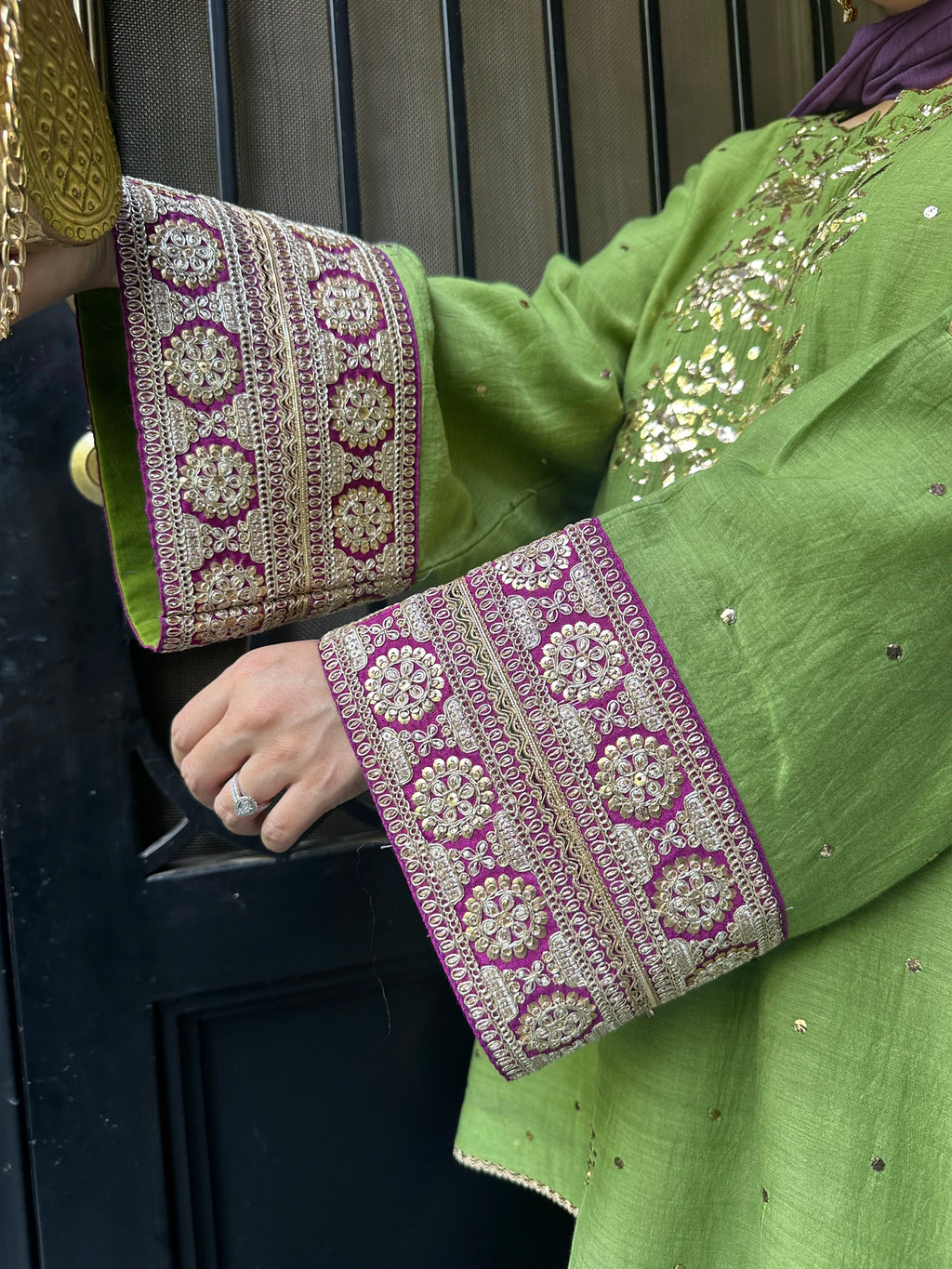 Haya Green Mukaish Hand embroidered Set by Pyoor crafted for special occasions and poojas