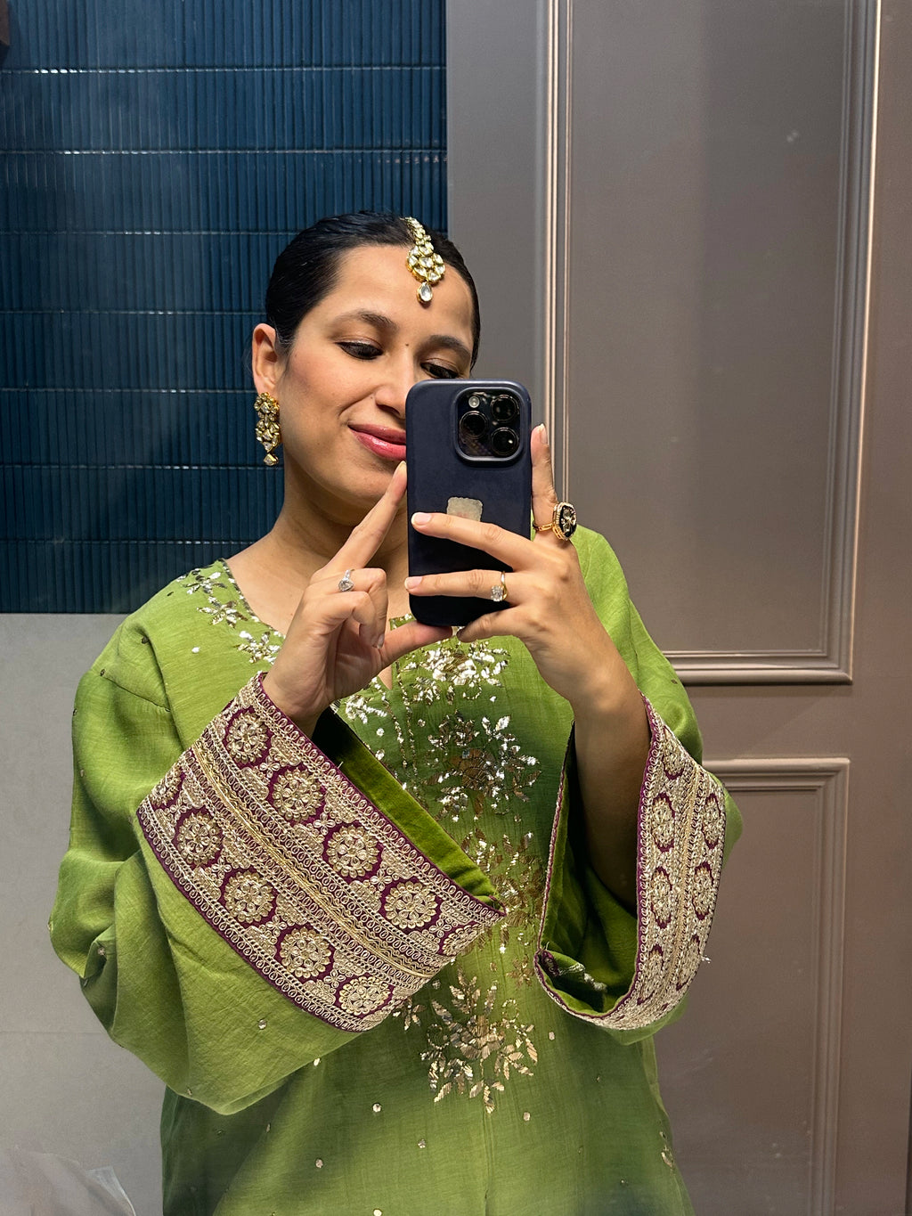 Haya Green Mukaish Hand embroidered Set by Pyoor with embroidered details for celebrations