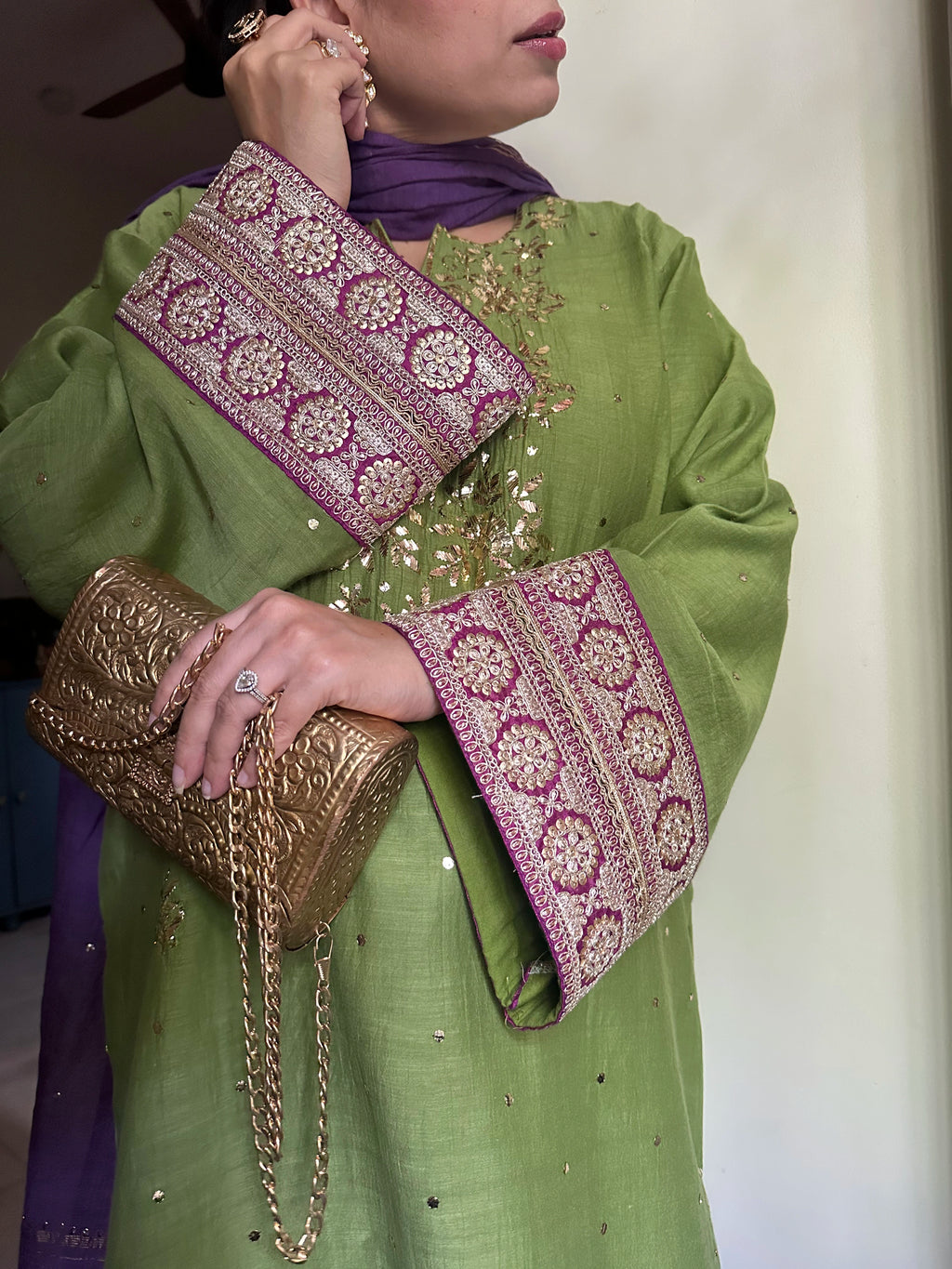Haya Green Mukaish Hand embroidered Set by Pyoor in mul chanderi with handcrafted details