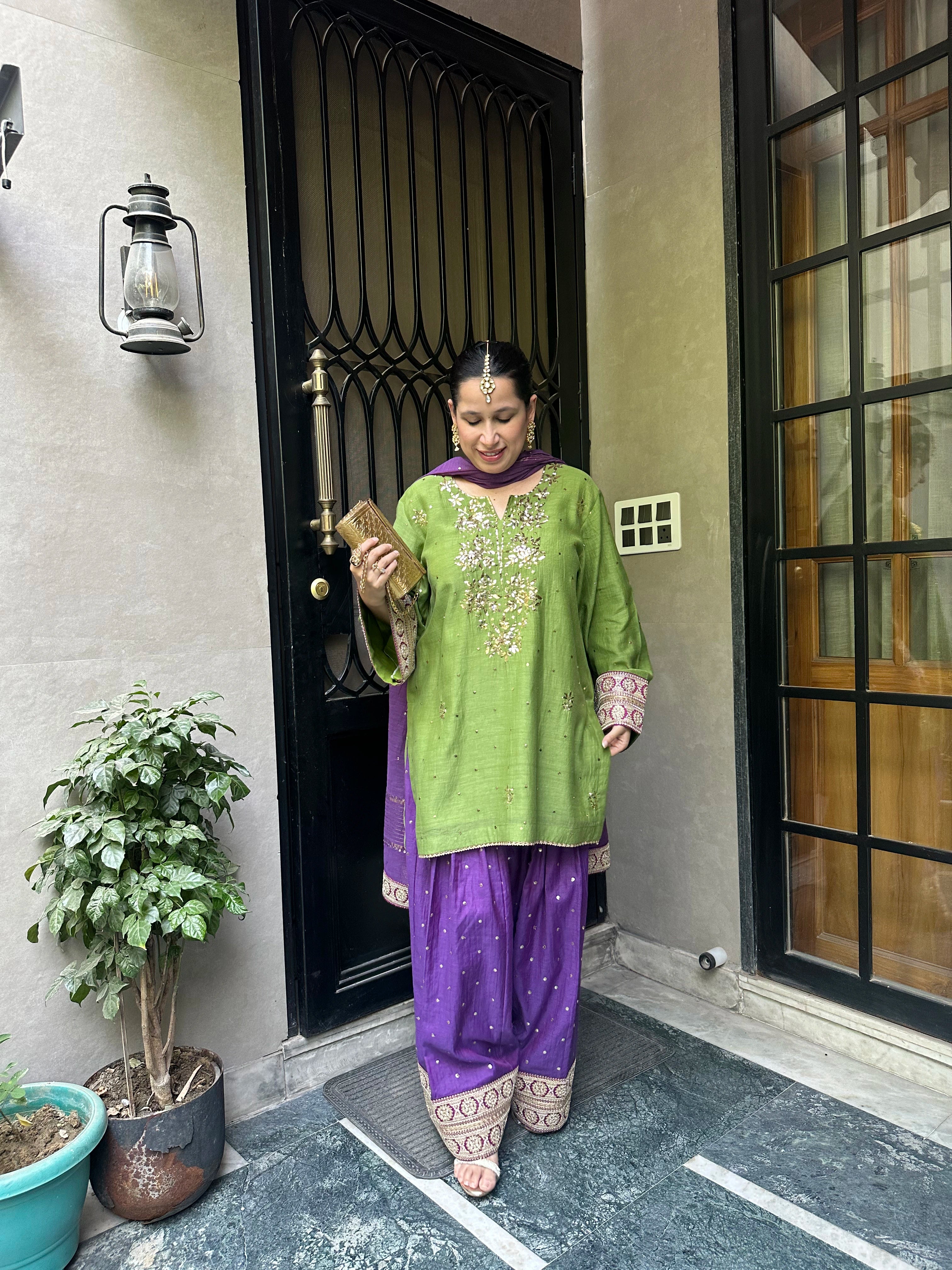 Haya Green Mukaish Hand embroidered Set by Pyoor designed for day and night celebrations