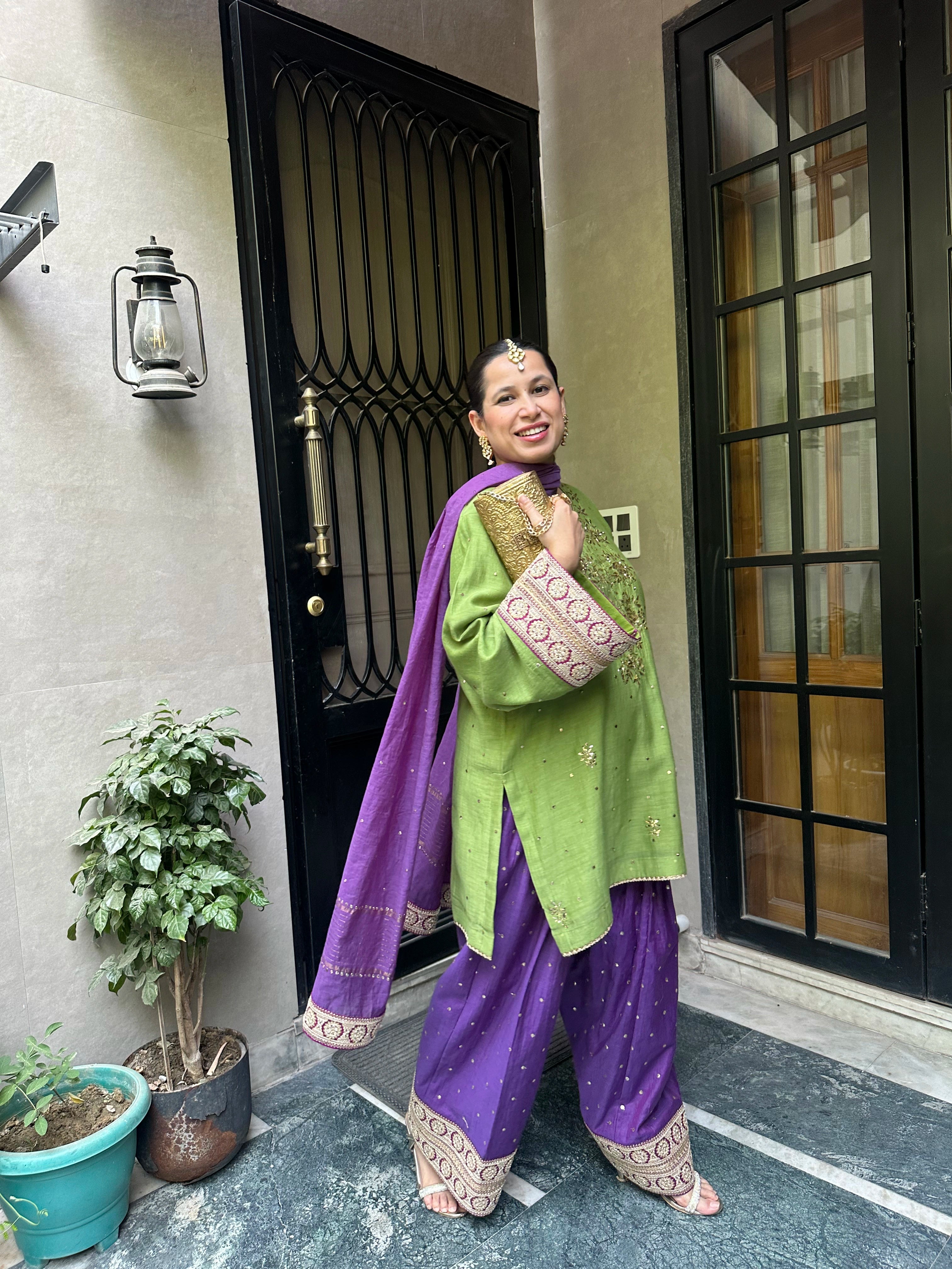 Haya Green Mukaish Hand embroidered Set by Pyoor with detailed lace accents and craftsmanship