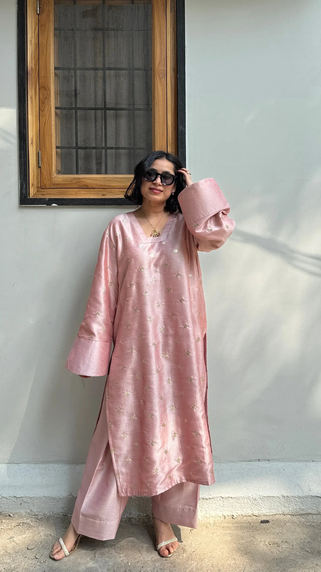 Jugnu Silk Farshi Salwar Suit Set by Pyoor, elegant silk kurta set in onion pink tone.